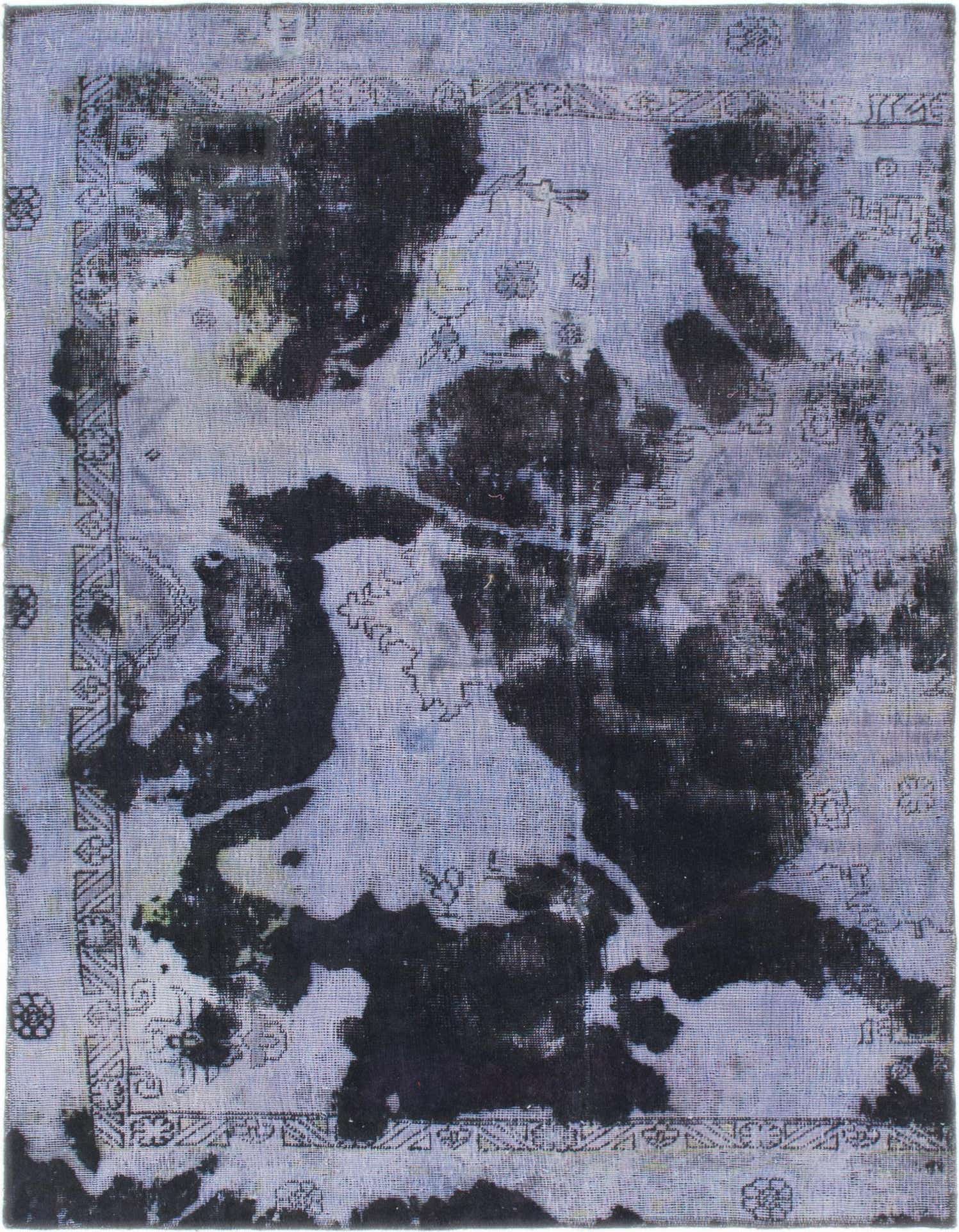 A 4x6 rectangular light blue and dark blue abstract Persian rug with a faded, vintage look.