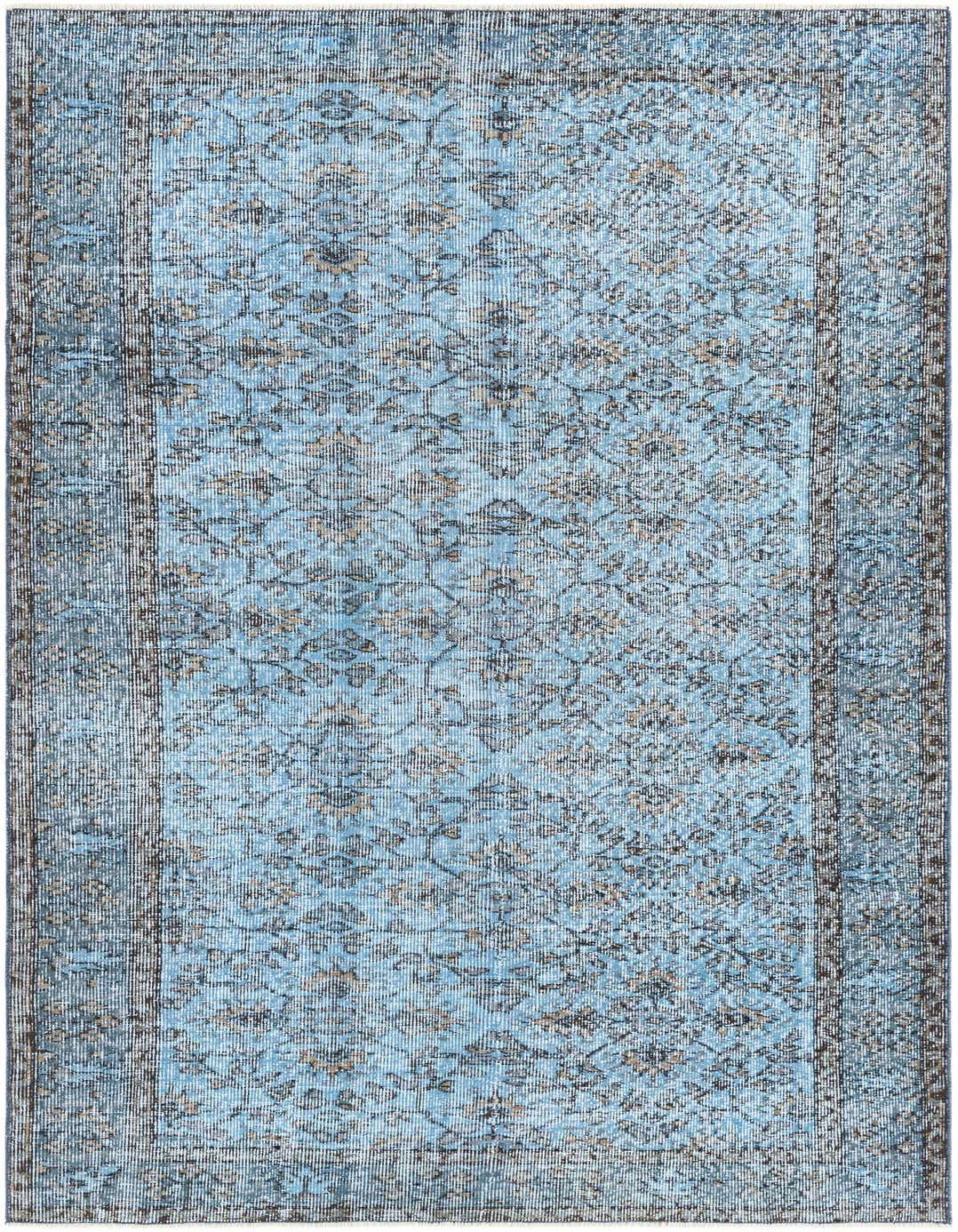 A 5x8 rectangular light blue modern vintage rug with a subtle Persian-inspired pattern and a flat pile, perfect for a living room.