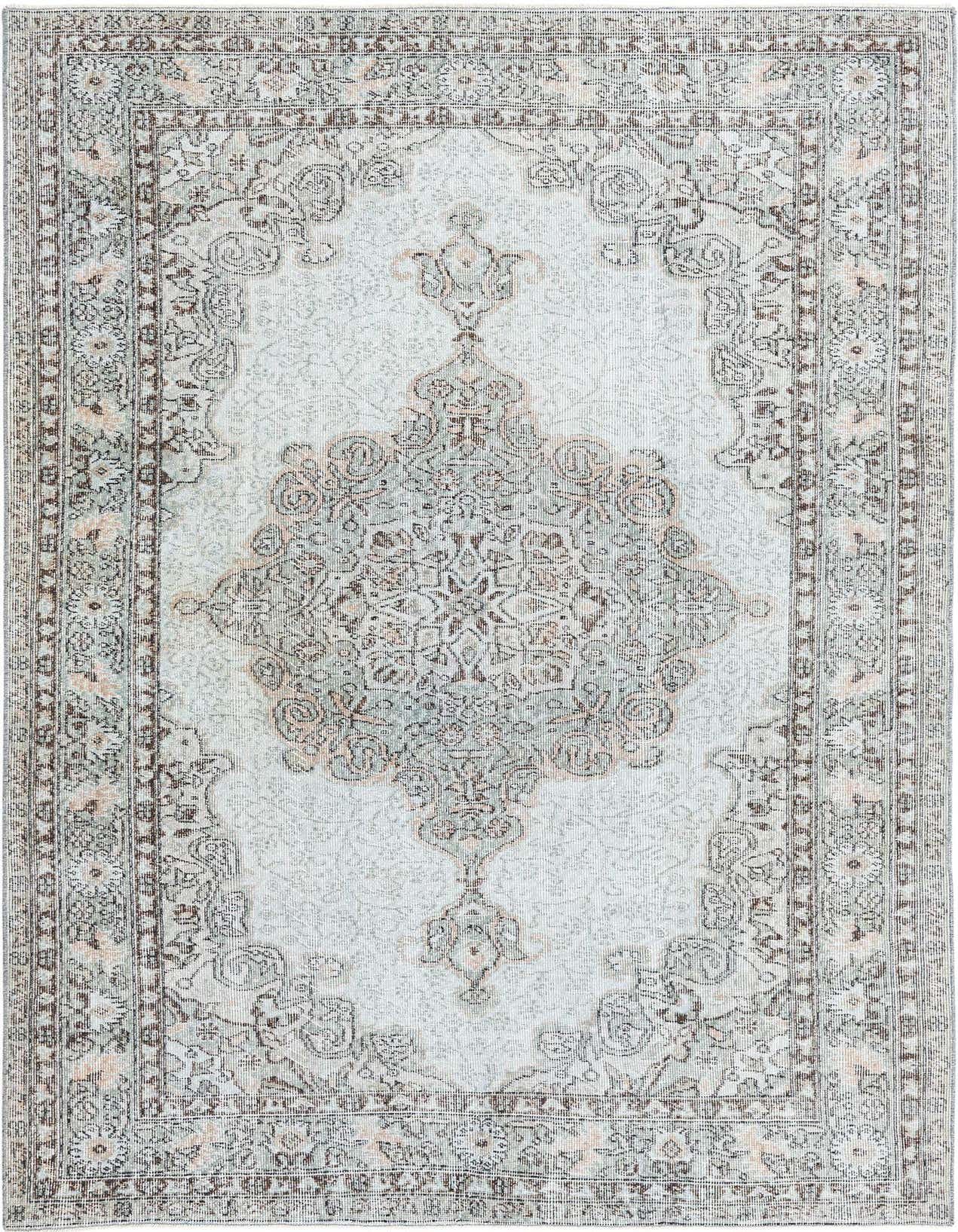 A 5x8 rectangular light blue and brown vintage Persian rug with a faded central medallion and ornate border.