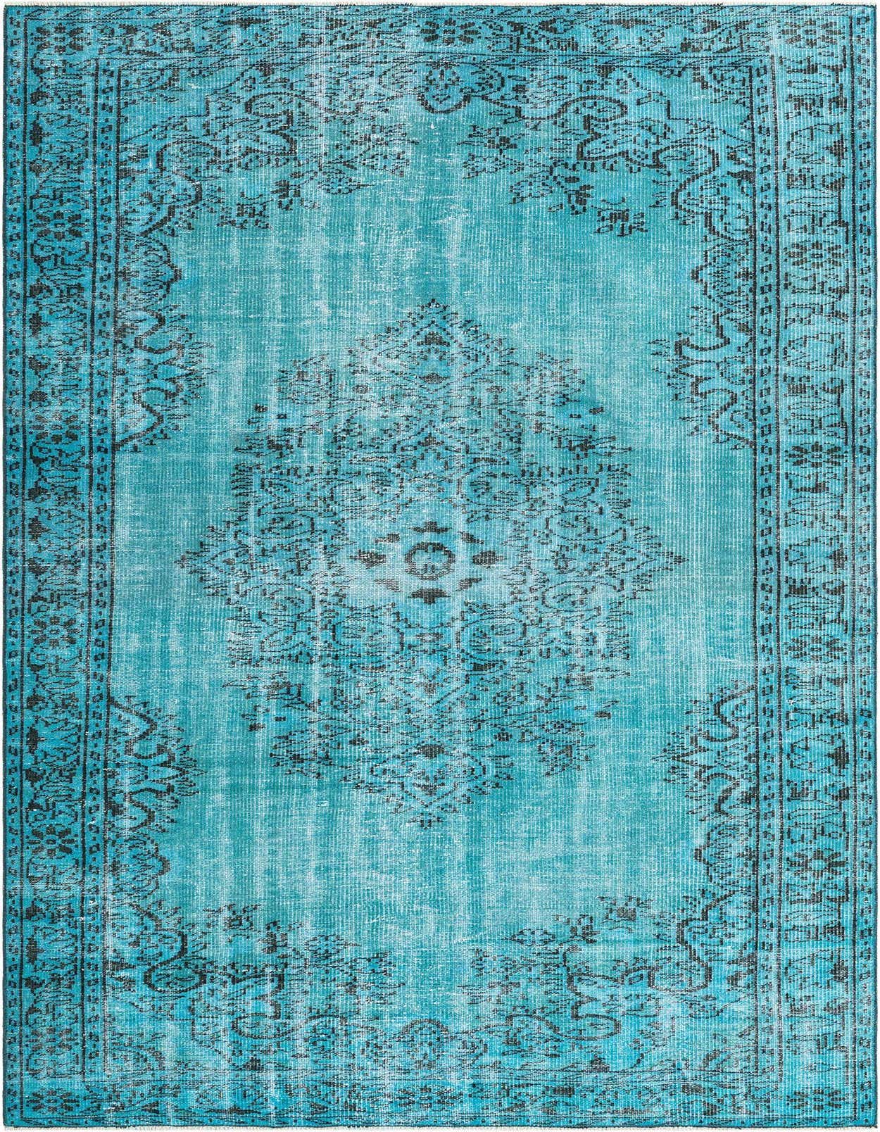 A 6x9 rectangular Ultra Vintage rug in light blue with a distressed black Persian pattern, suitable for a living room.