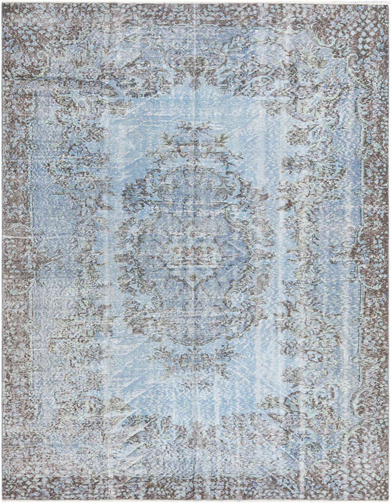 A 6x9 rectangular Ultra Vintage wool rug in light blue with an ornate, faded Persian pattern and brown border.