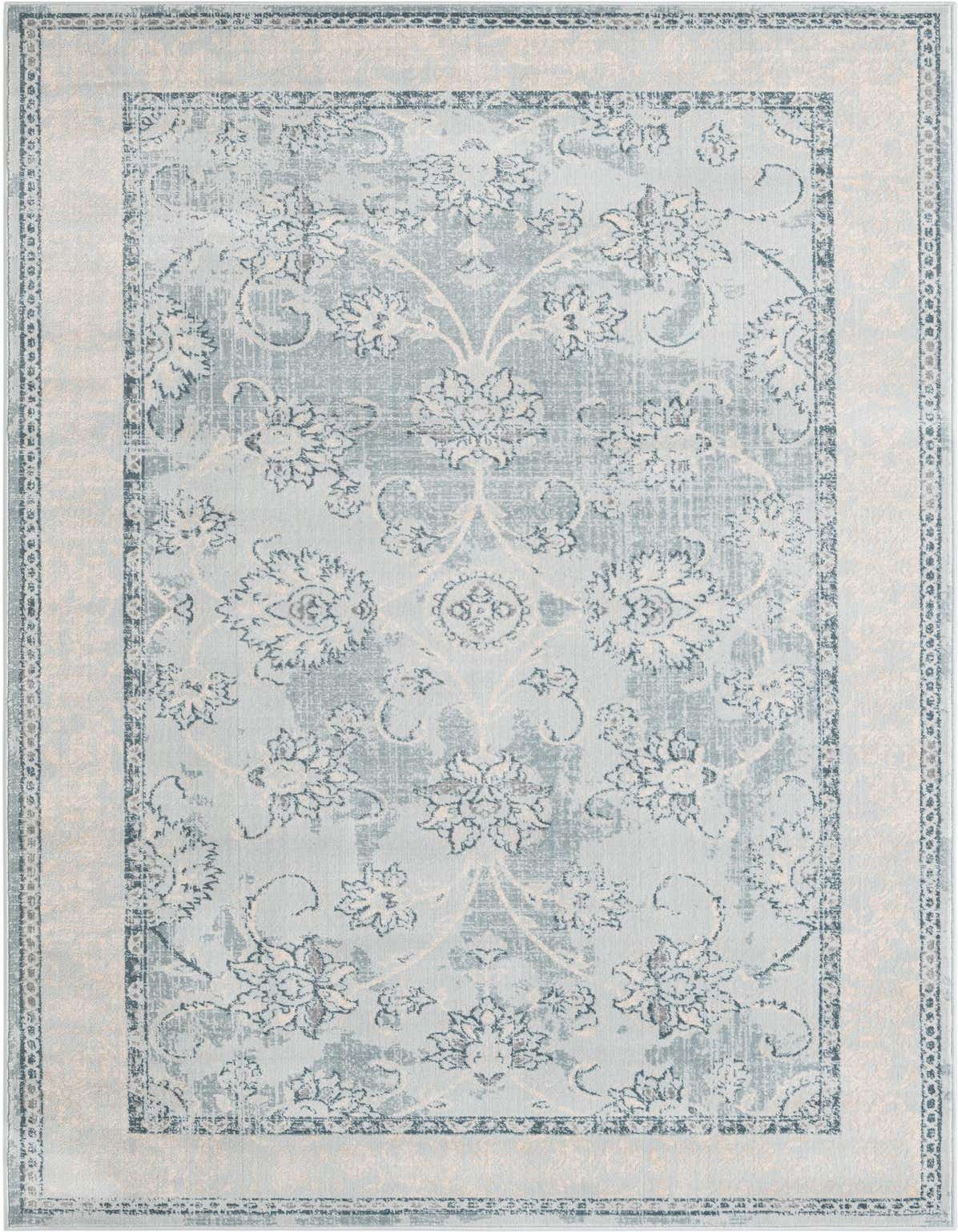 A 5x8 rectangular light blue area rug with an intricate faded traditional botanical pattern and a decorative border.