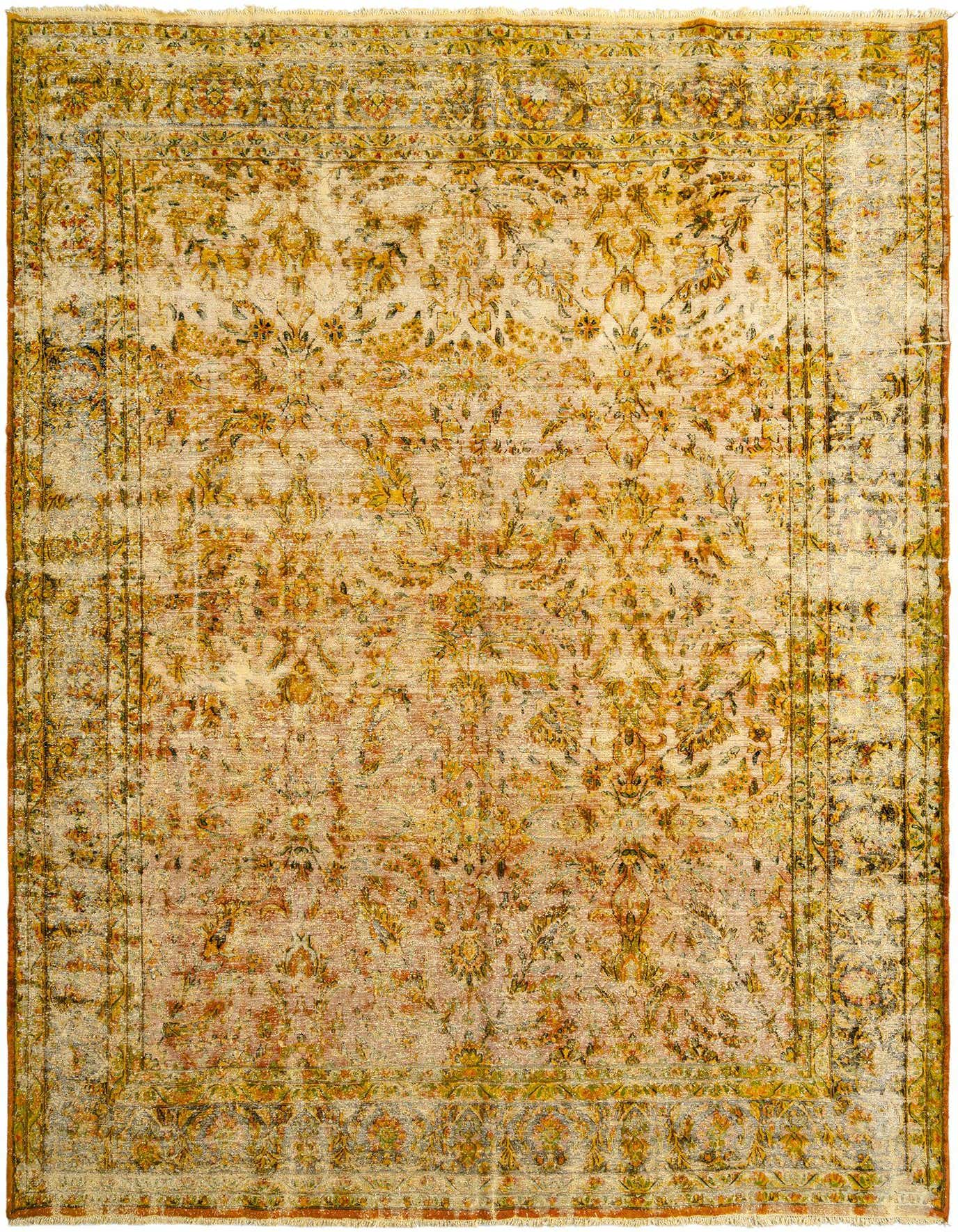 A 10x14 rectangular Rugs.com Vintage Royal Persian rug with a faded light blue and gold floral pattern.