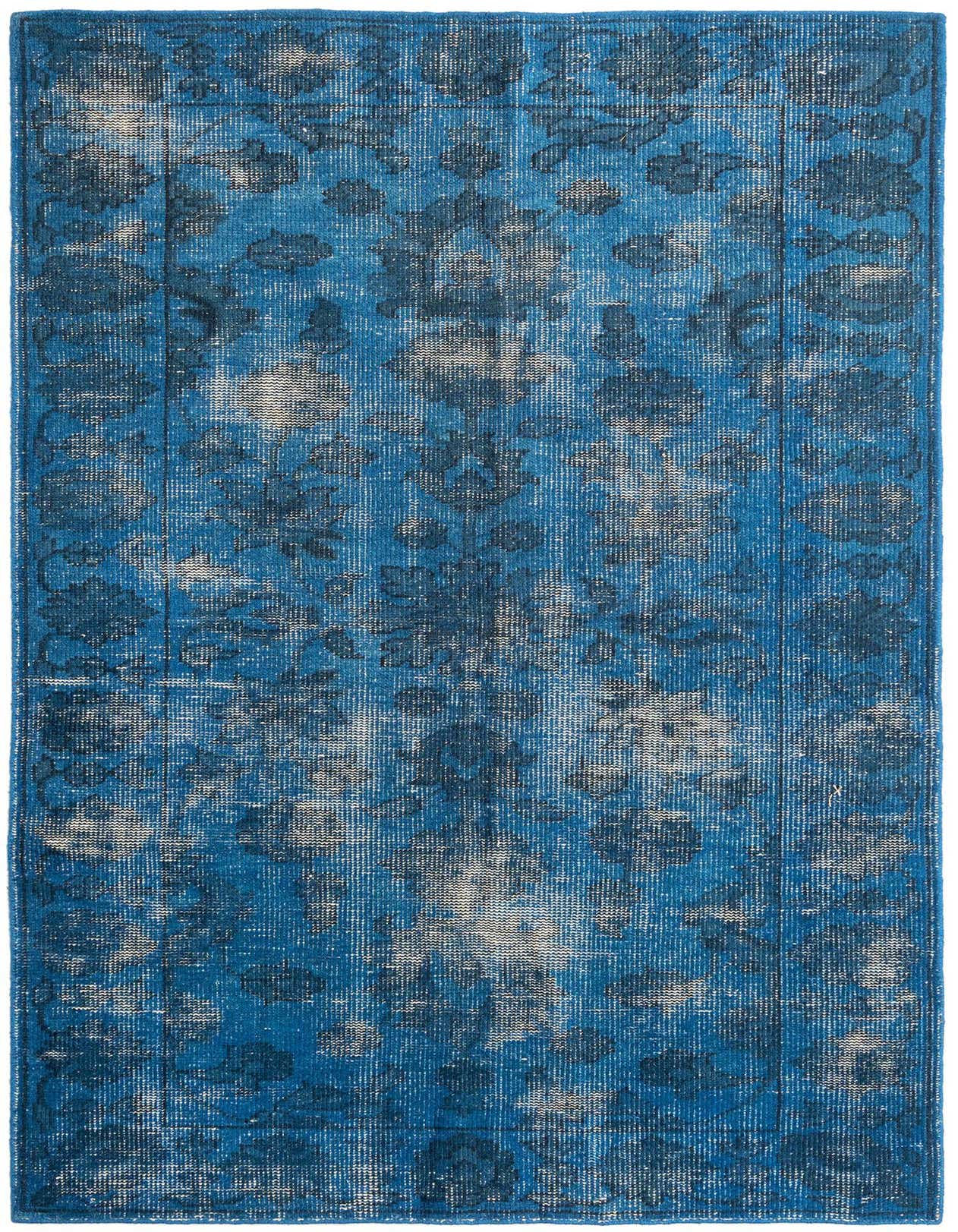 A 5x8 rectangular indoor rug with a distressed Persian pattern in various shades of blue and hints of white.