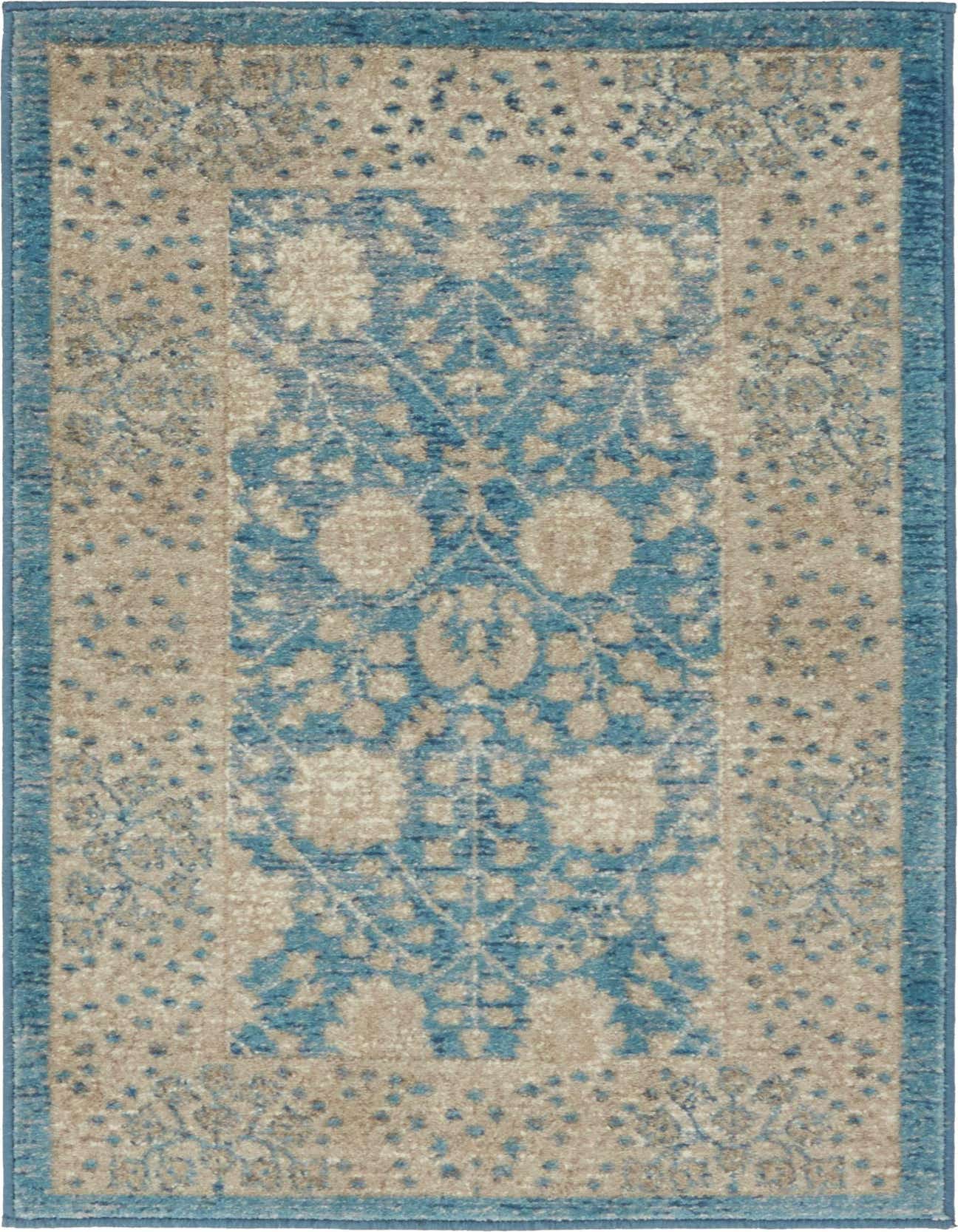 A 2x3 rectangular Viola rug featuring a distressed traditional floral pattern in light blue and beige, with a blue border.