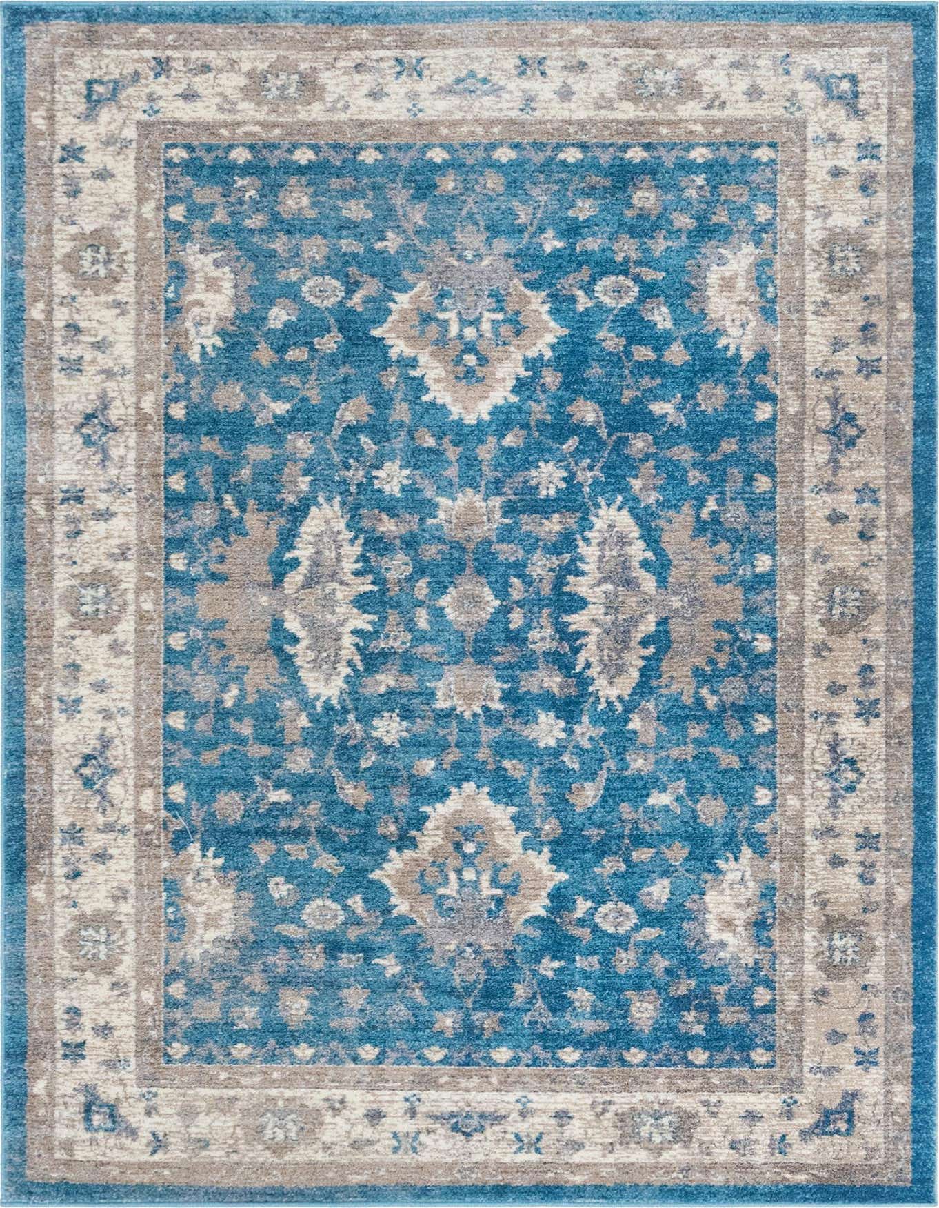 A 4x6 rectangular indoor rug featuring a distressed traditional floral pattern in shades of blue, beige, and grey.