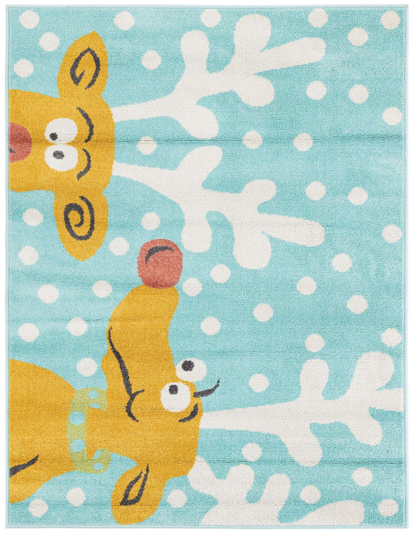 A 4x6 rectangular light blue rug with a whimsical modern pattern of two yellow reindeer, one with a red nose, and white antlers and polka dots.