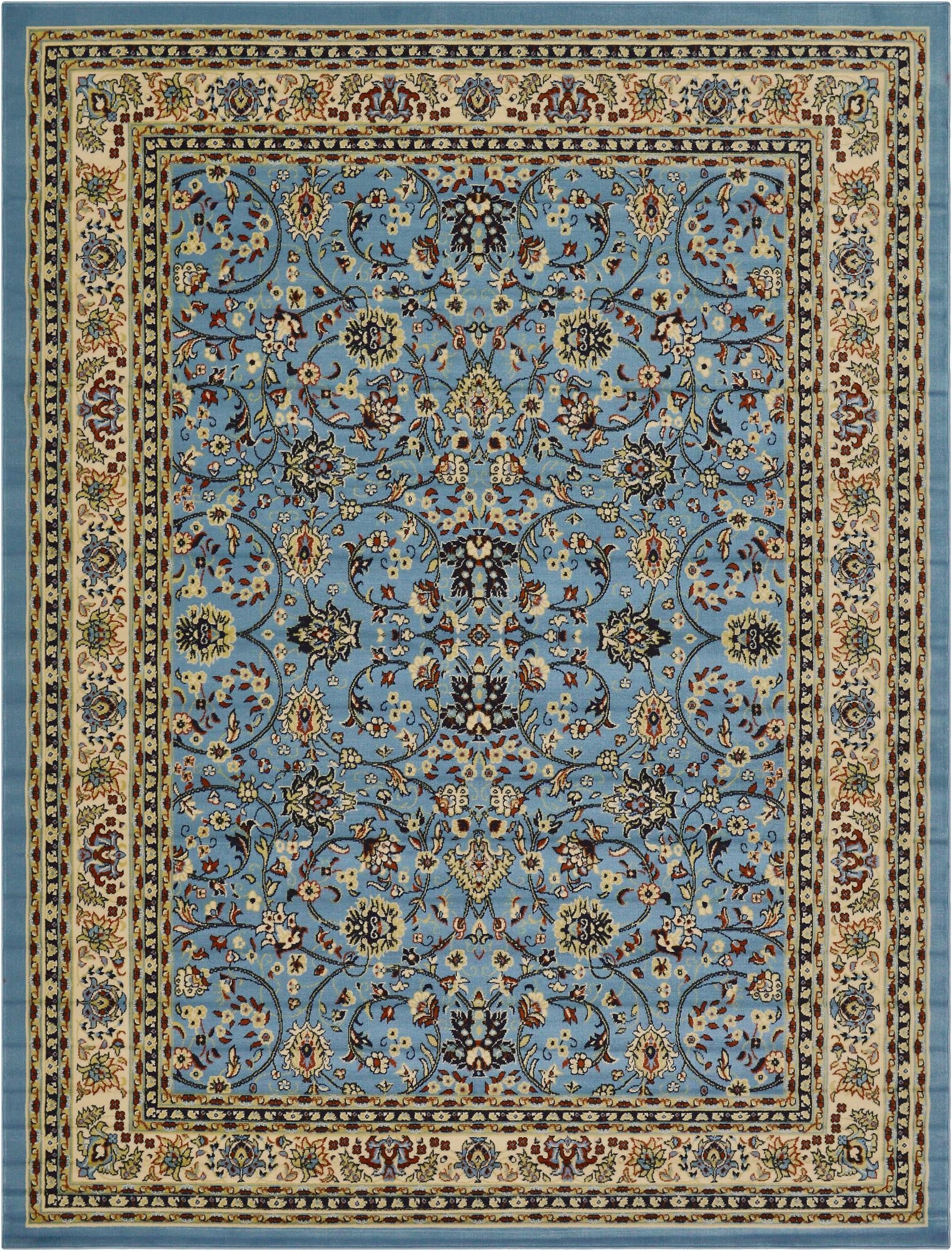 A 9x12 rectangular light blue traditional Oriental rug with intricate floral patterns and a cream border.