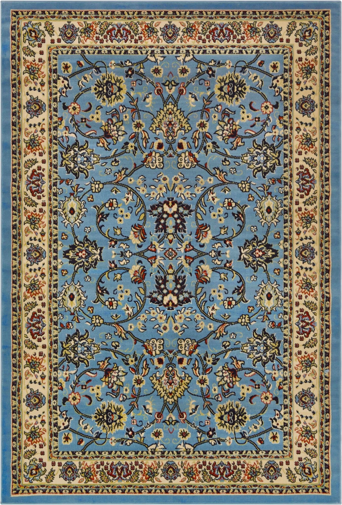 A 6x9 rectangular light blue traditional rug with an intricate floral and oriental pattern, featuring a cream border.