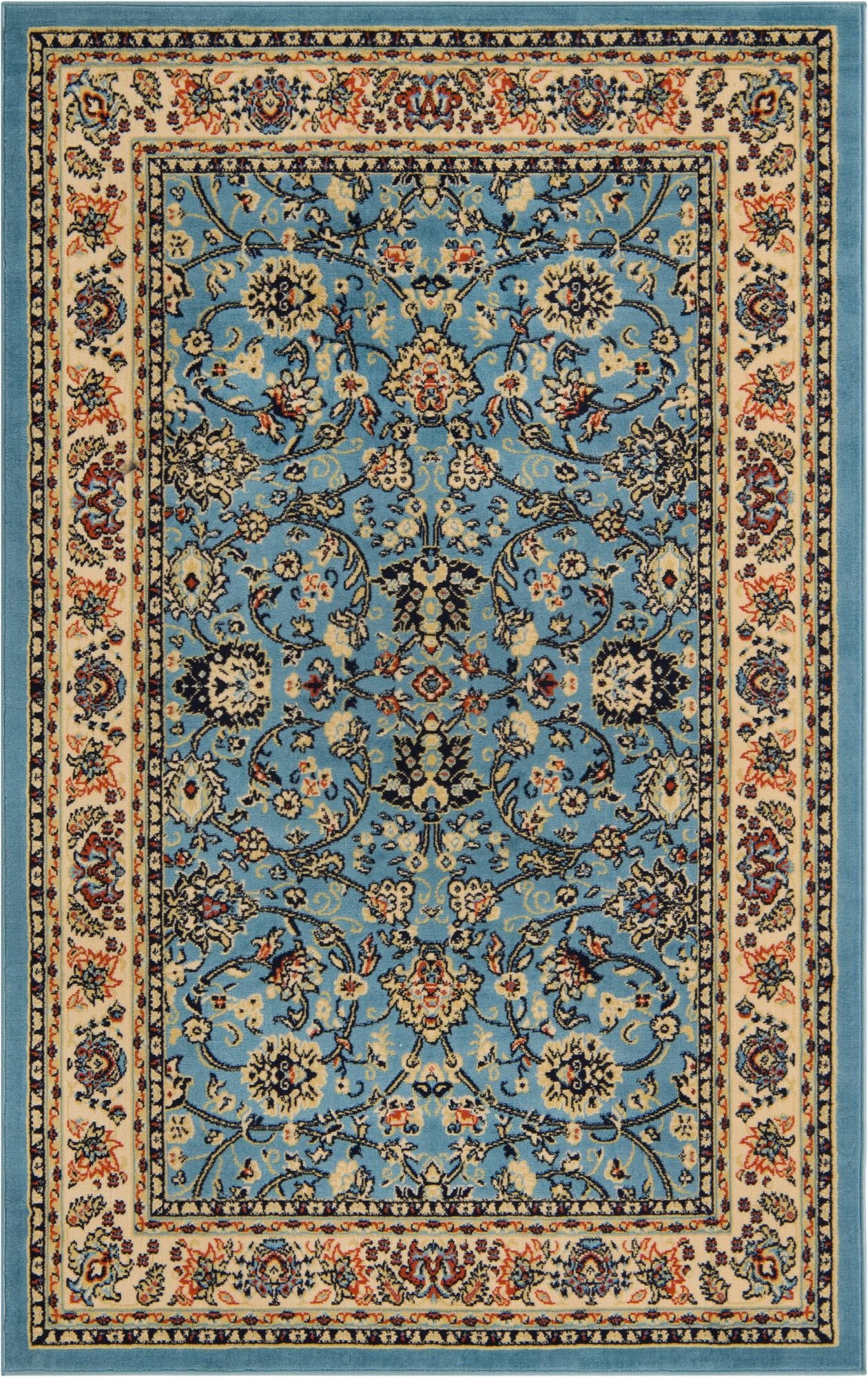 A 5x8 rectangular light blue traditional rug with an intricate floral and oriental pattern and a cream border.