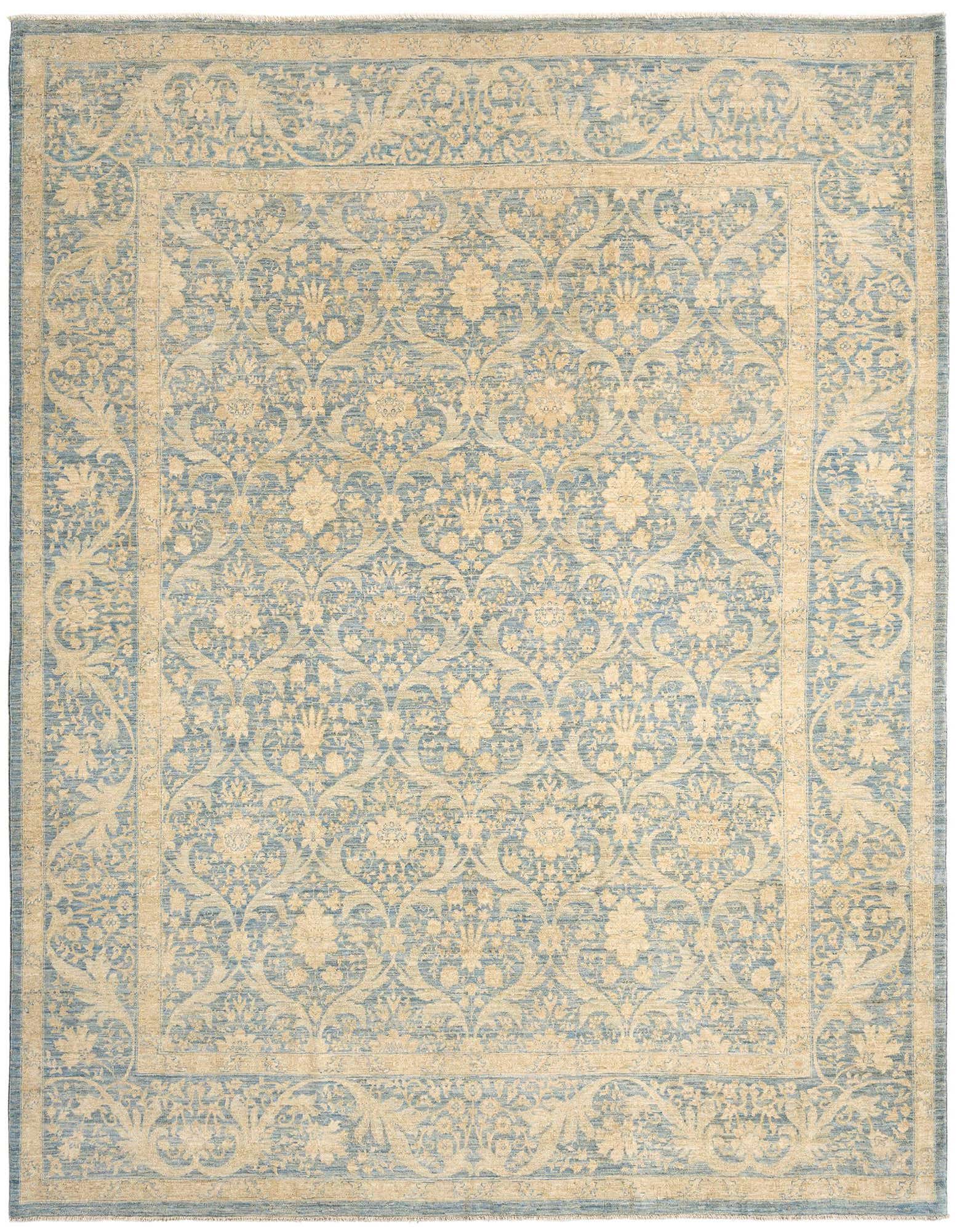 An 8x10 rectangular light blue and beige Persian wool rug with intricate floral patterns and a decorative border.