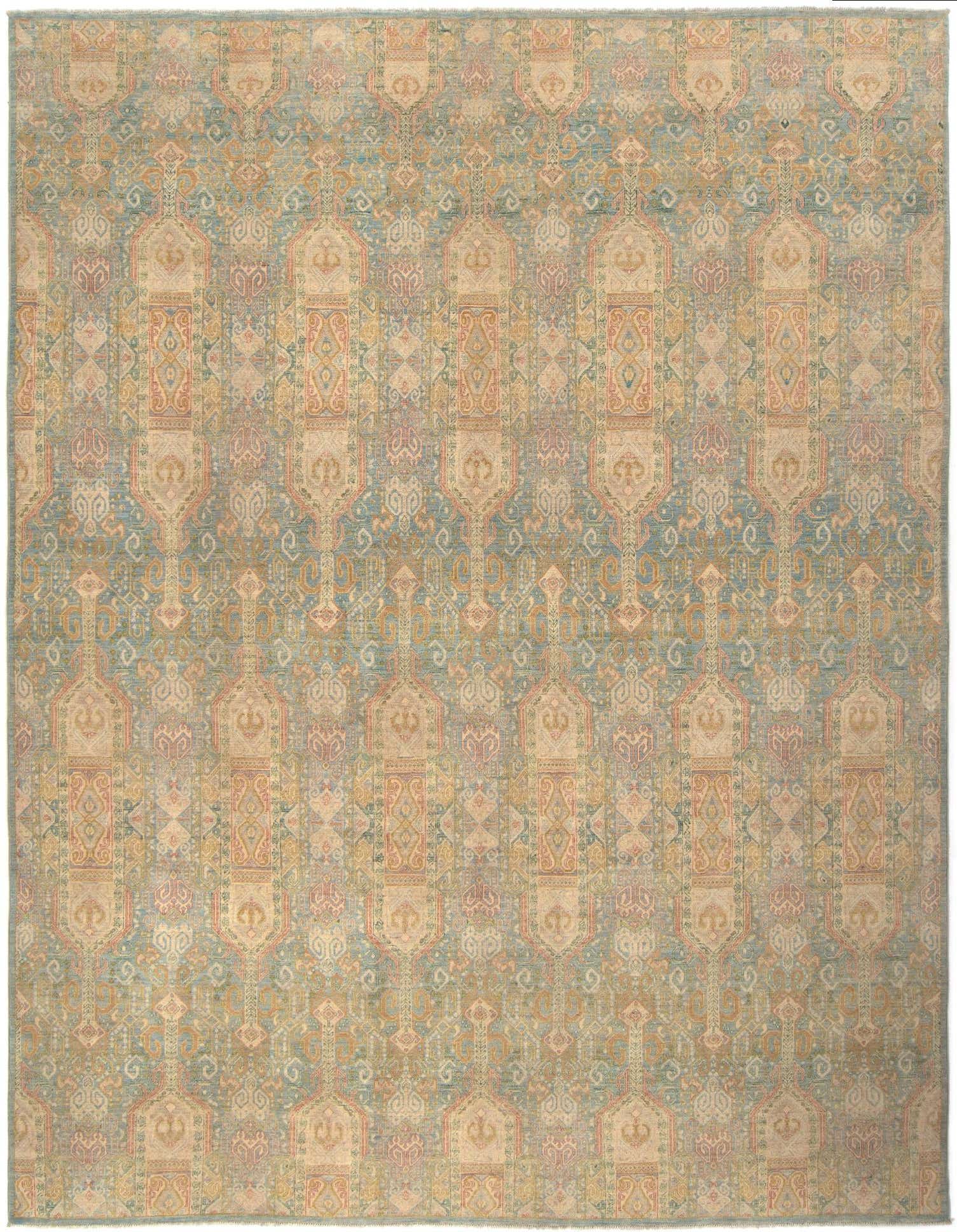 A 9x12 rectangular Ziegler Persian rug in shades of light blue, beige, and muted orange with an intricate traditional pattern.