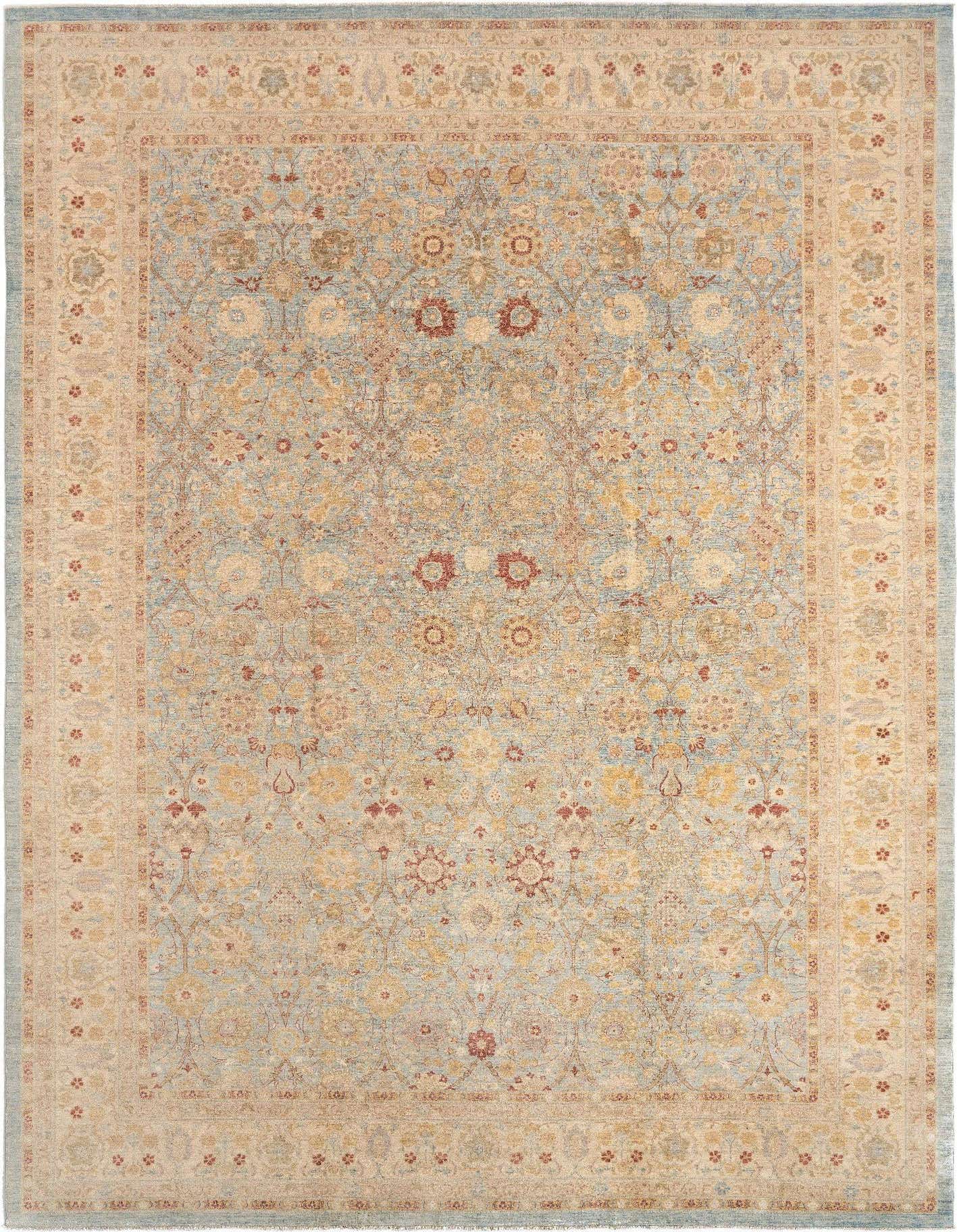 A handmade rectangular light blue and beige Persian rug with intricate floral and medallion patterns, ideal for an indoor living space.