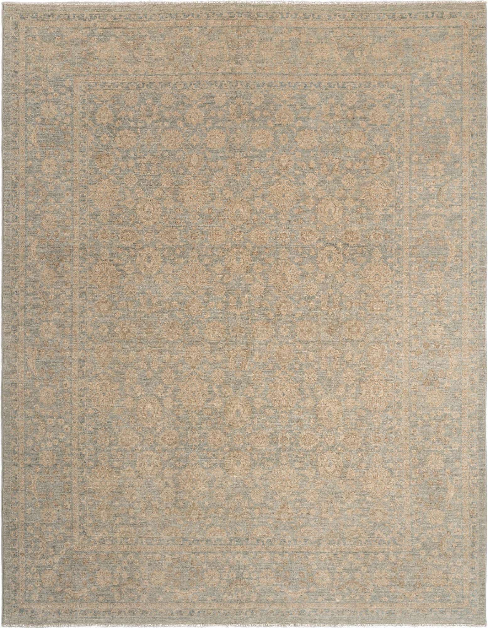 A rectangular handmade Ziegler rug featuring an intricate light blue and beige Persian floral pattern with a distinct border.