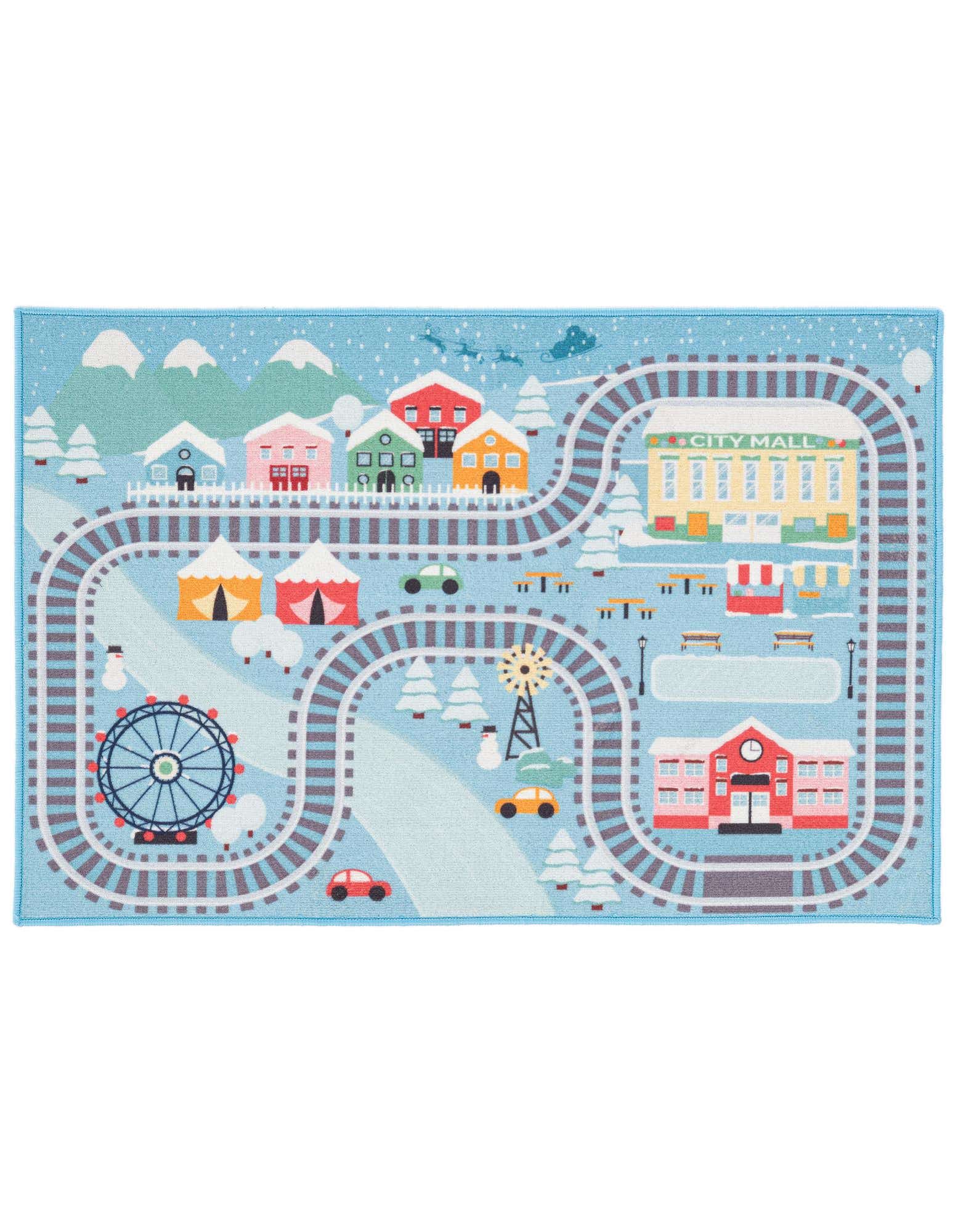 A light blue rectangular play rug with a whimsical winter town scene, featuring train tracks, houses, cars, and a Ferris wheel.