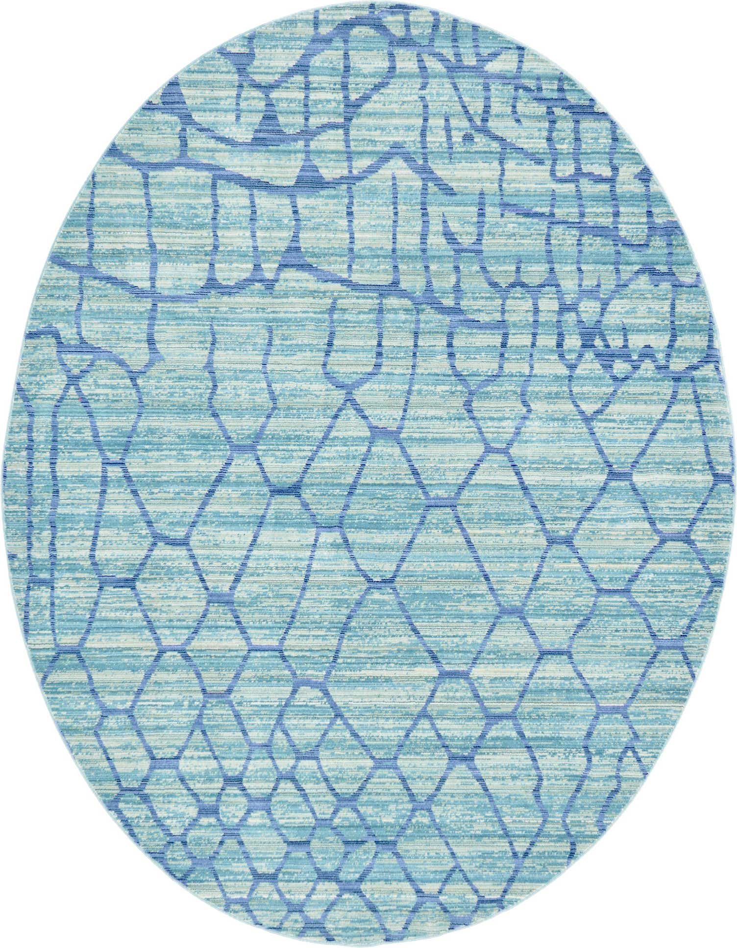 A round 6' light blue rug with a distressed tribal trellis pattern in varying shades of blue, ideal for indoor spaces.