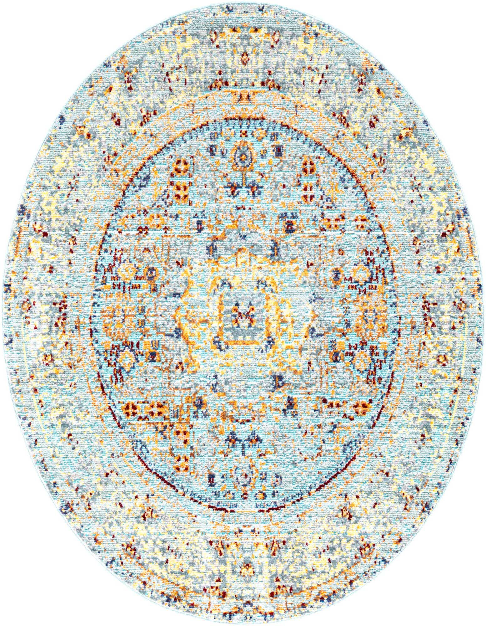 A 4' round light blue rug with a distressed traditional medallion pattern in shades of orange, yellow, and navy.