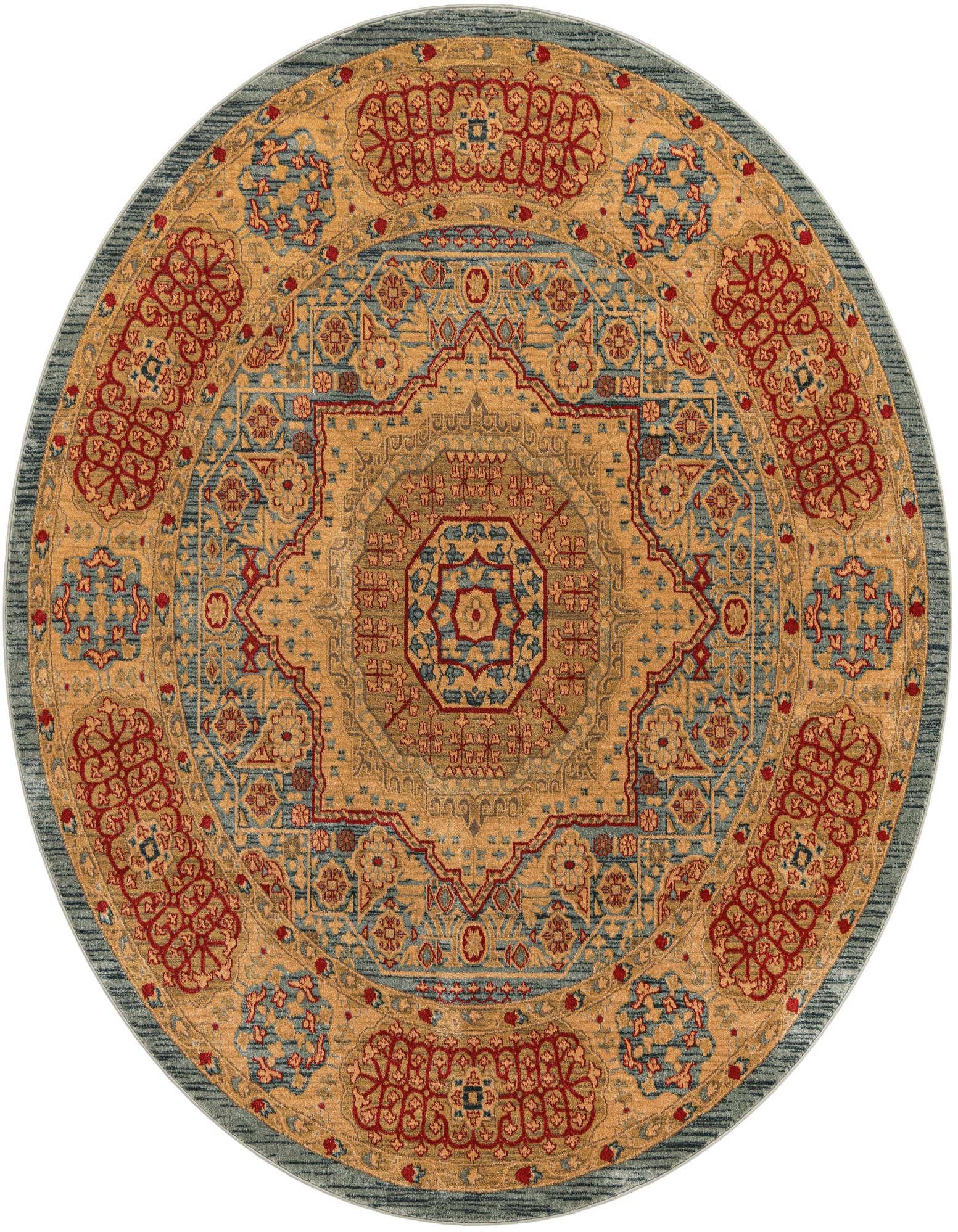 A round 8' light blue and gold rug with a traditional medallion pattern and red accents.