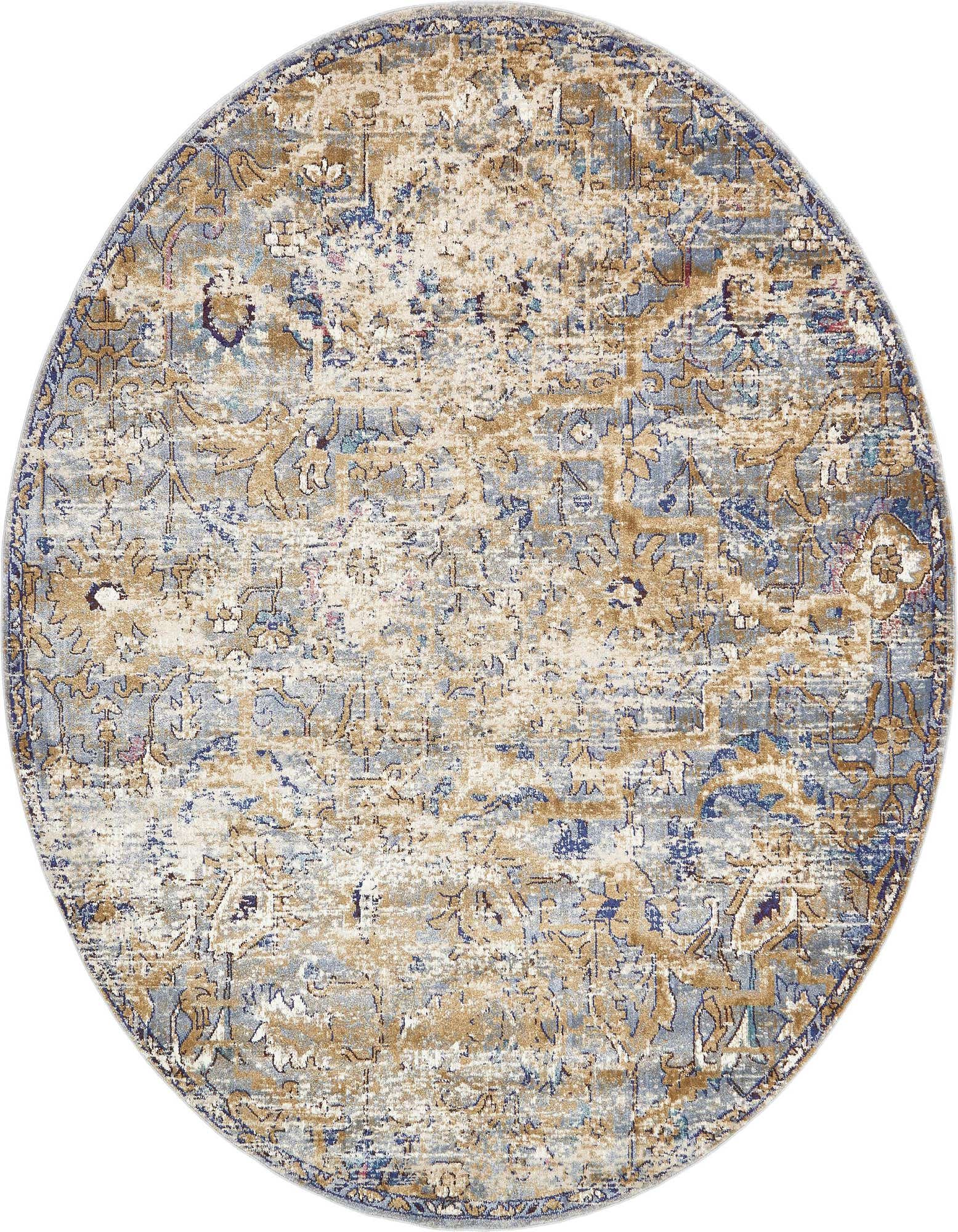 A round 8' 0 x 8' 0 light blue and gold Bohemian area rug with a distressed floral pattern.