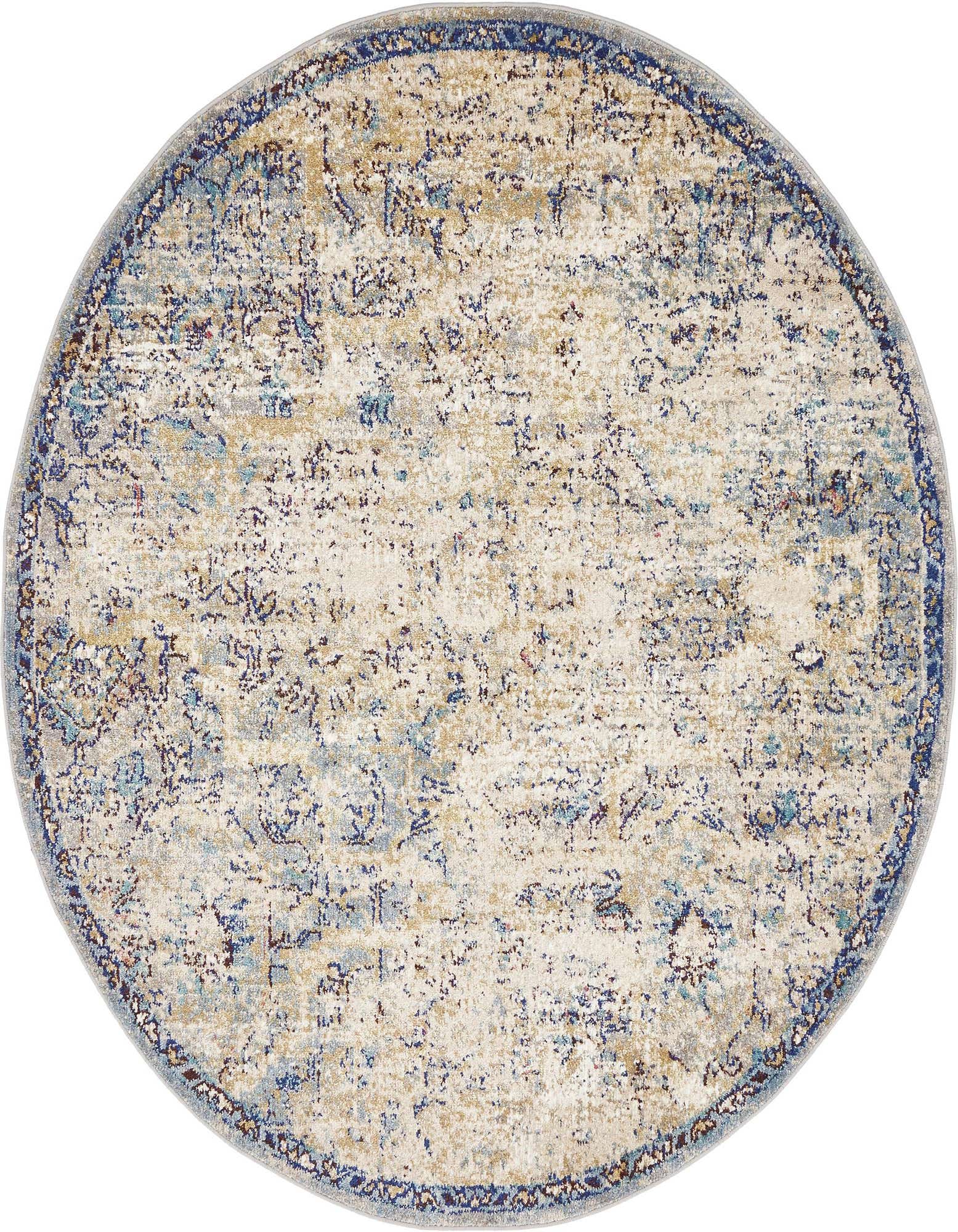 A 5' 0 x 5' 0 round rug with a distressed Bohemian floral pattern in light blues, beige, and cream, featuring a dark blue border.