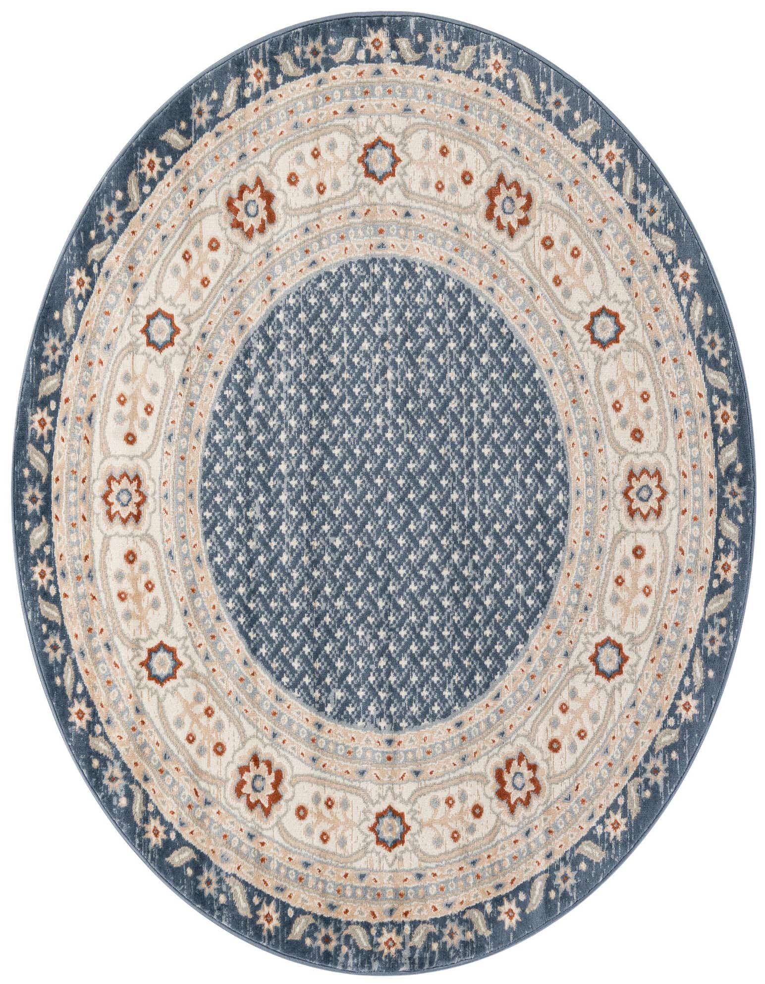 A 5' 3 round modern rug in shades of blue with a cream and rust floral medallion border.