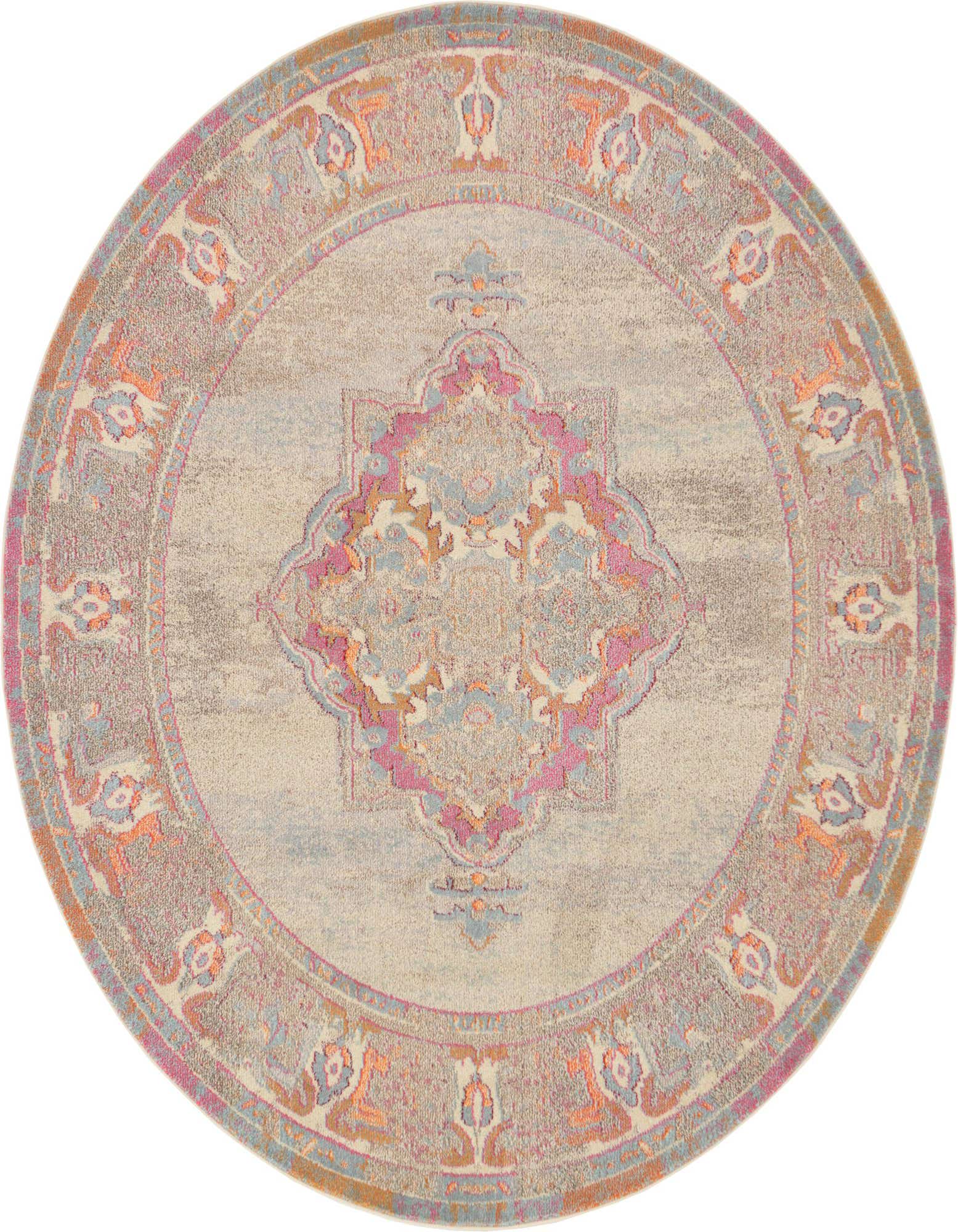 A round 8' light blue and pink Bohemian medallion rug with a distressed look, featuring intricate botanical patterns.