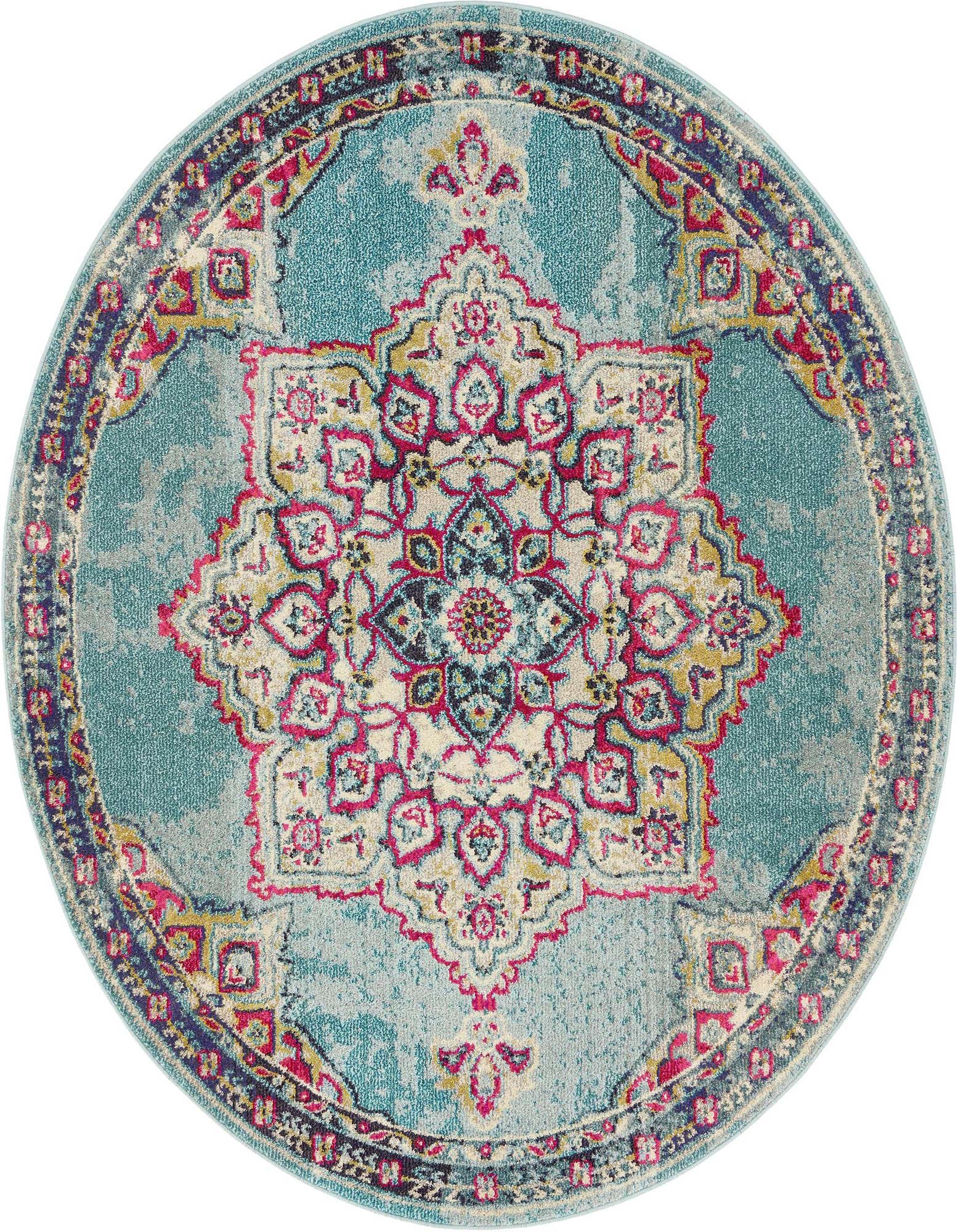 A 6' round light blue rug with a distressed bohemian medallion pattern in pink, yellow, and navy.