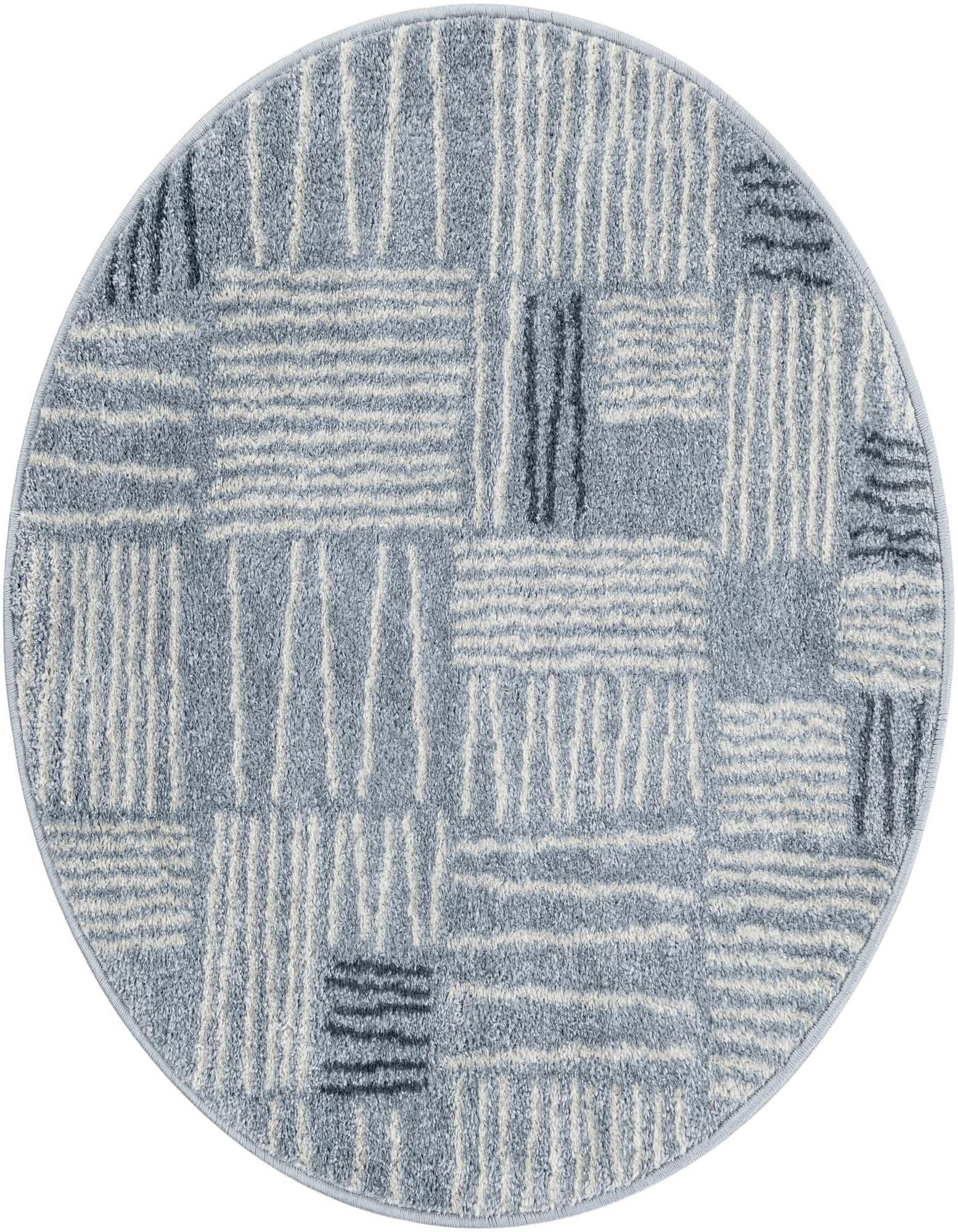 A round light blue Rugs.com Hanahan rug with a modern abstract pattern of white and dark blue lines forming blocks.