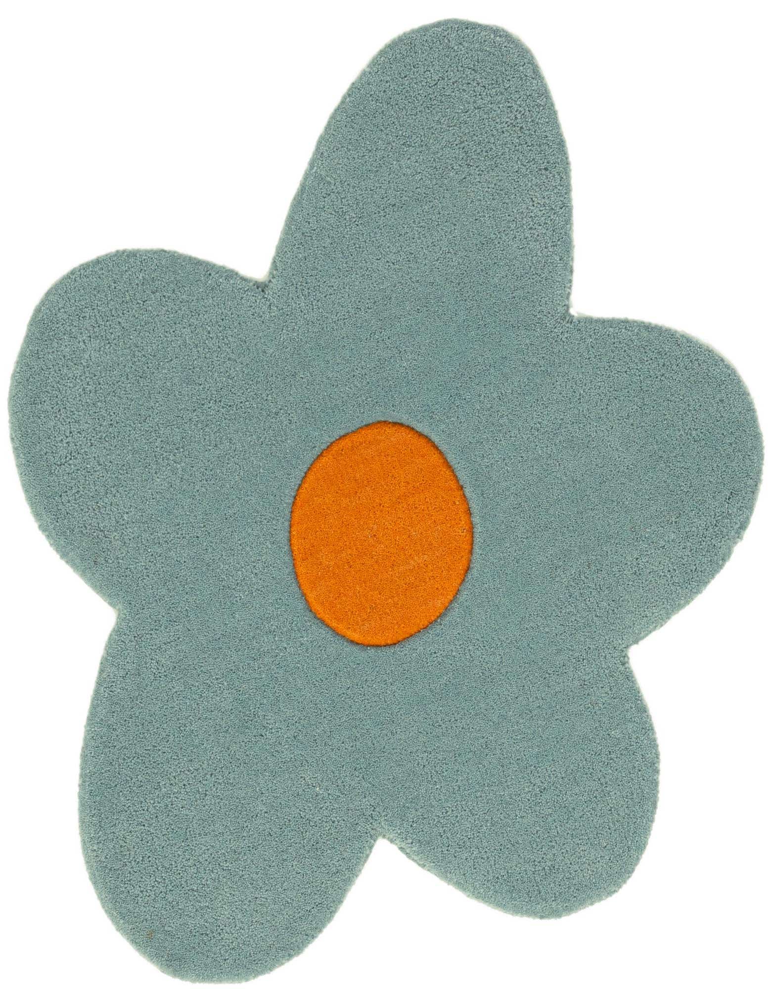 A light blue flower-shaped rug with an orange center, crafted from wool with a high pile.