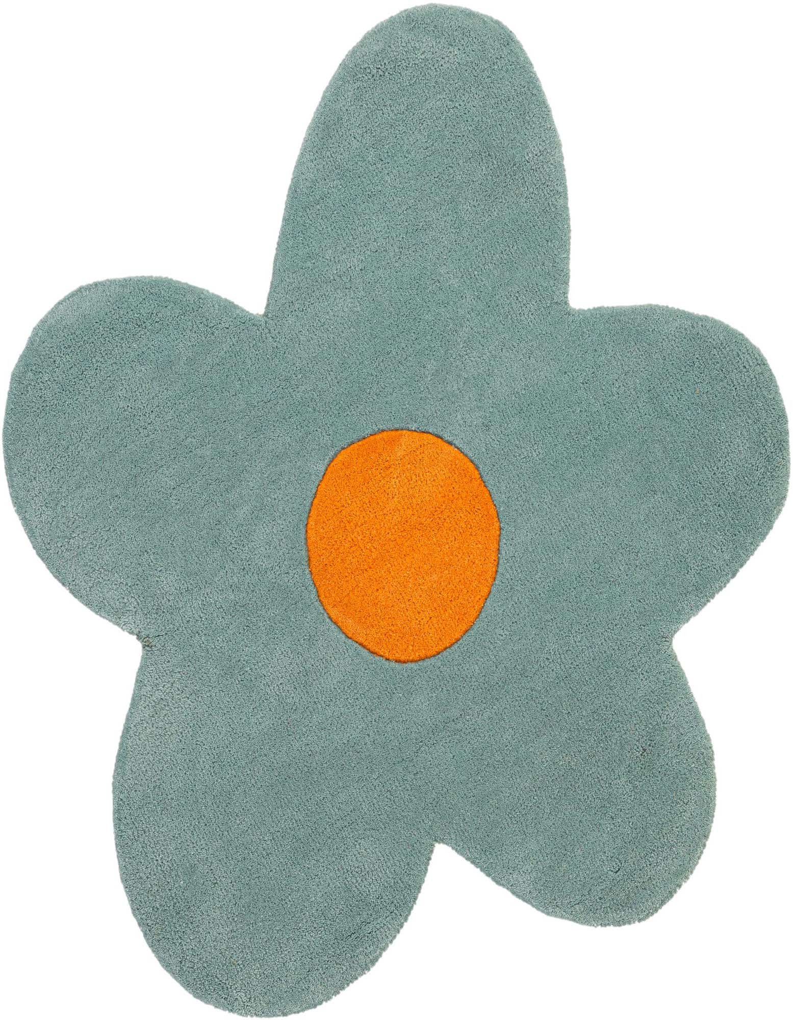 A light blue flower-shaped rug with an orange center, crafted from wool, perfect for a child's room.