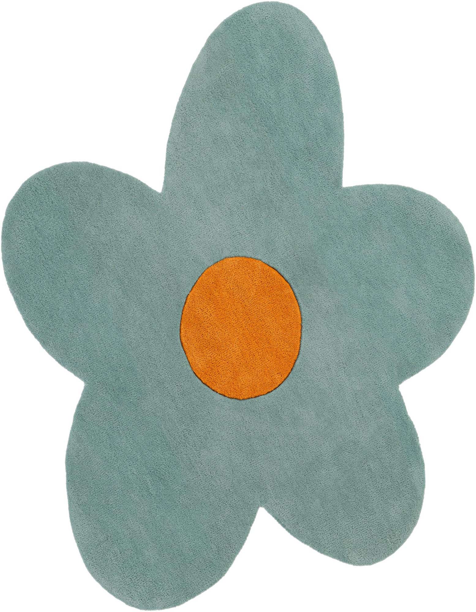 A 4'1" x 4'1" round light blue floral rug with an orange center, shaped like a playful daisy.
