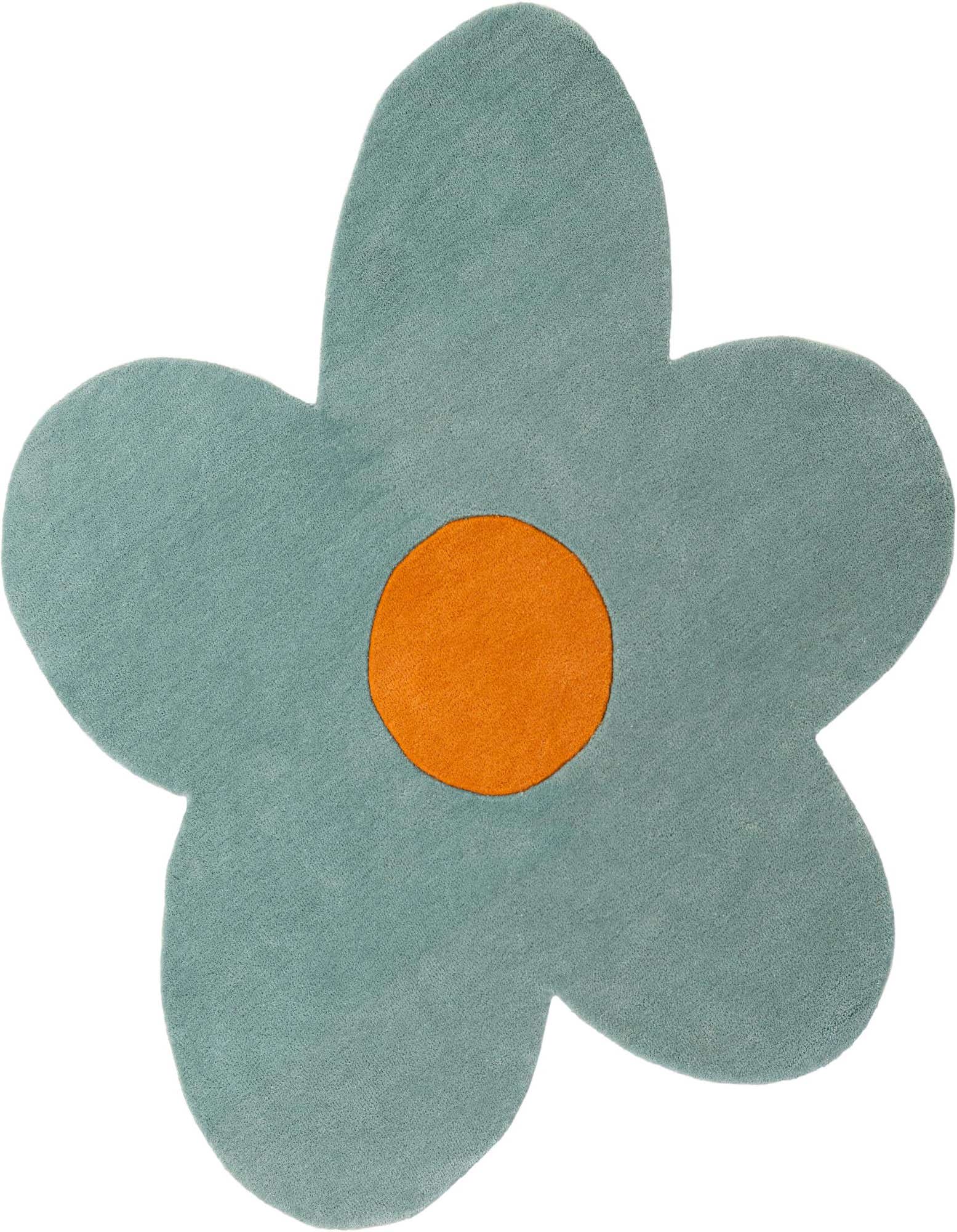 A light blue flower-shaped rug with an orange circular center, featuring a modern floral design and high pile.
