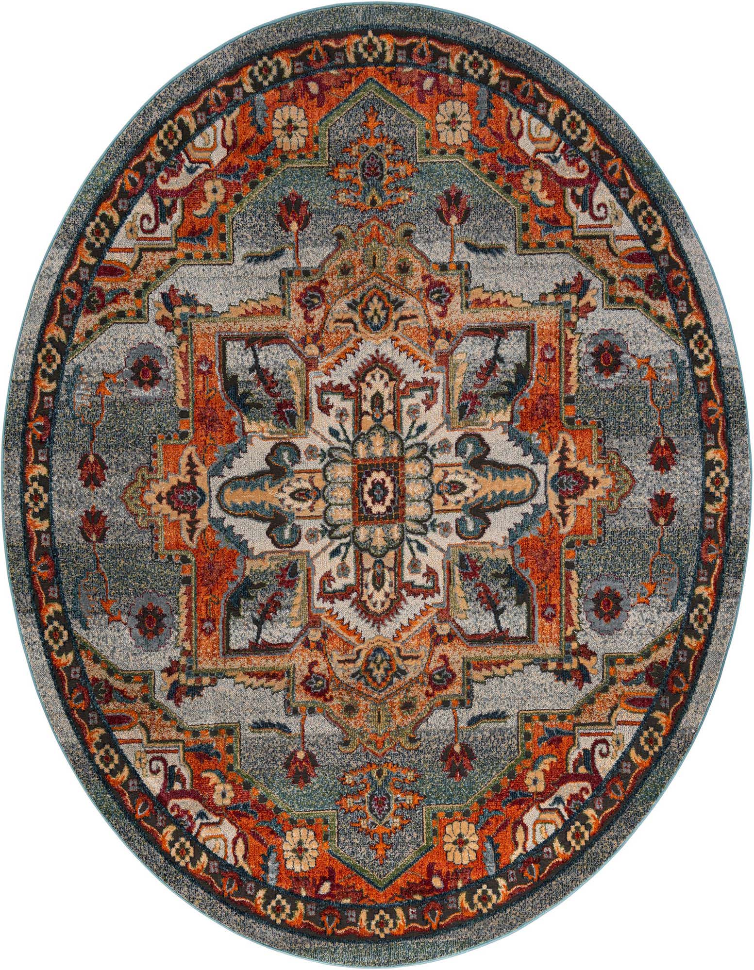 A round 8' 0 x 8' 0 Isabella rug featuring a vintage Oriental pattern in shades of blue, orange, and cream.