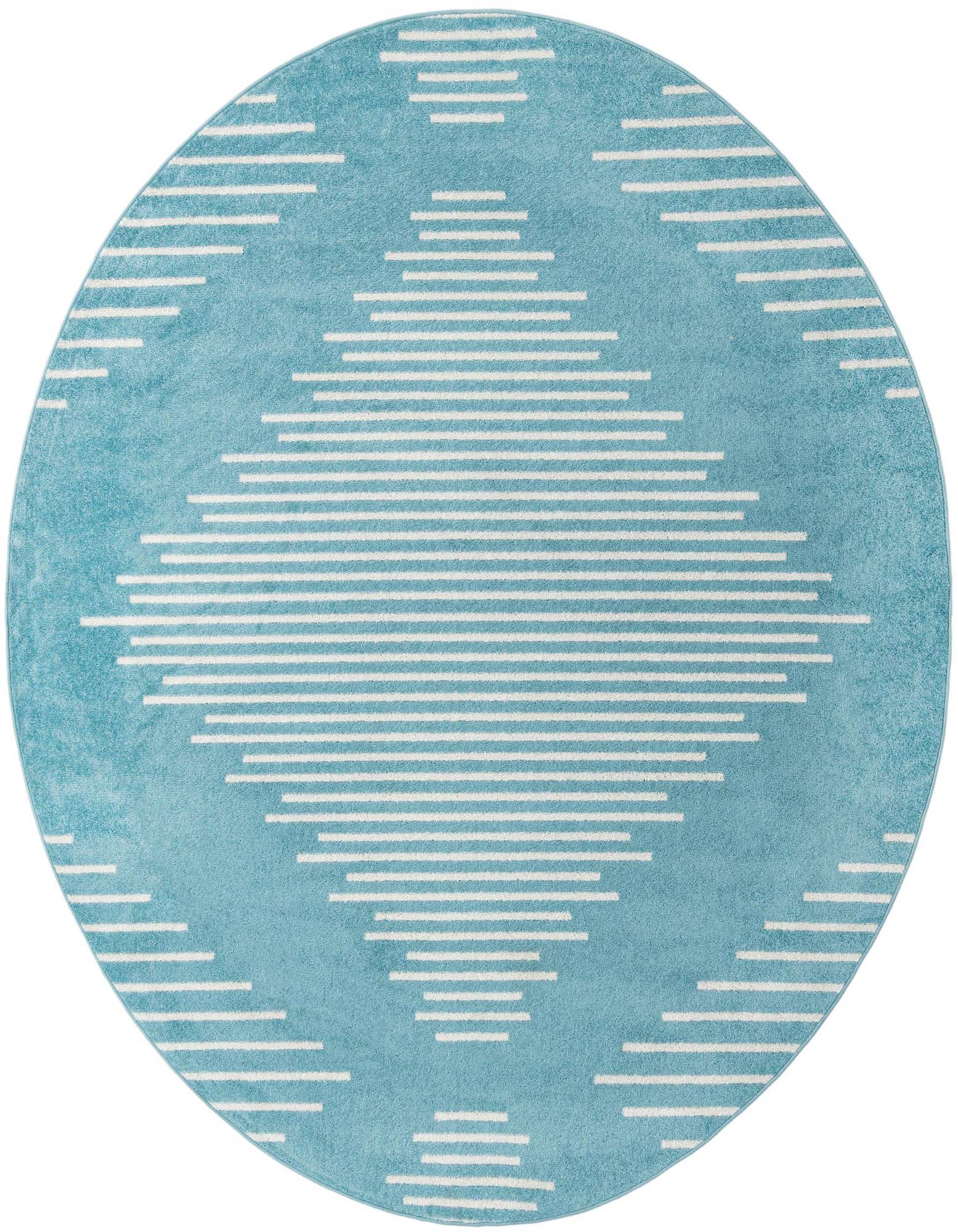 A 10-foot round light blue rug with a modern white striped diamond pattern, suitable for a living room or bedroom.