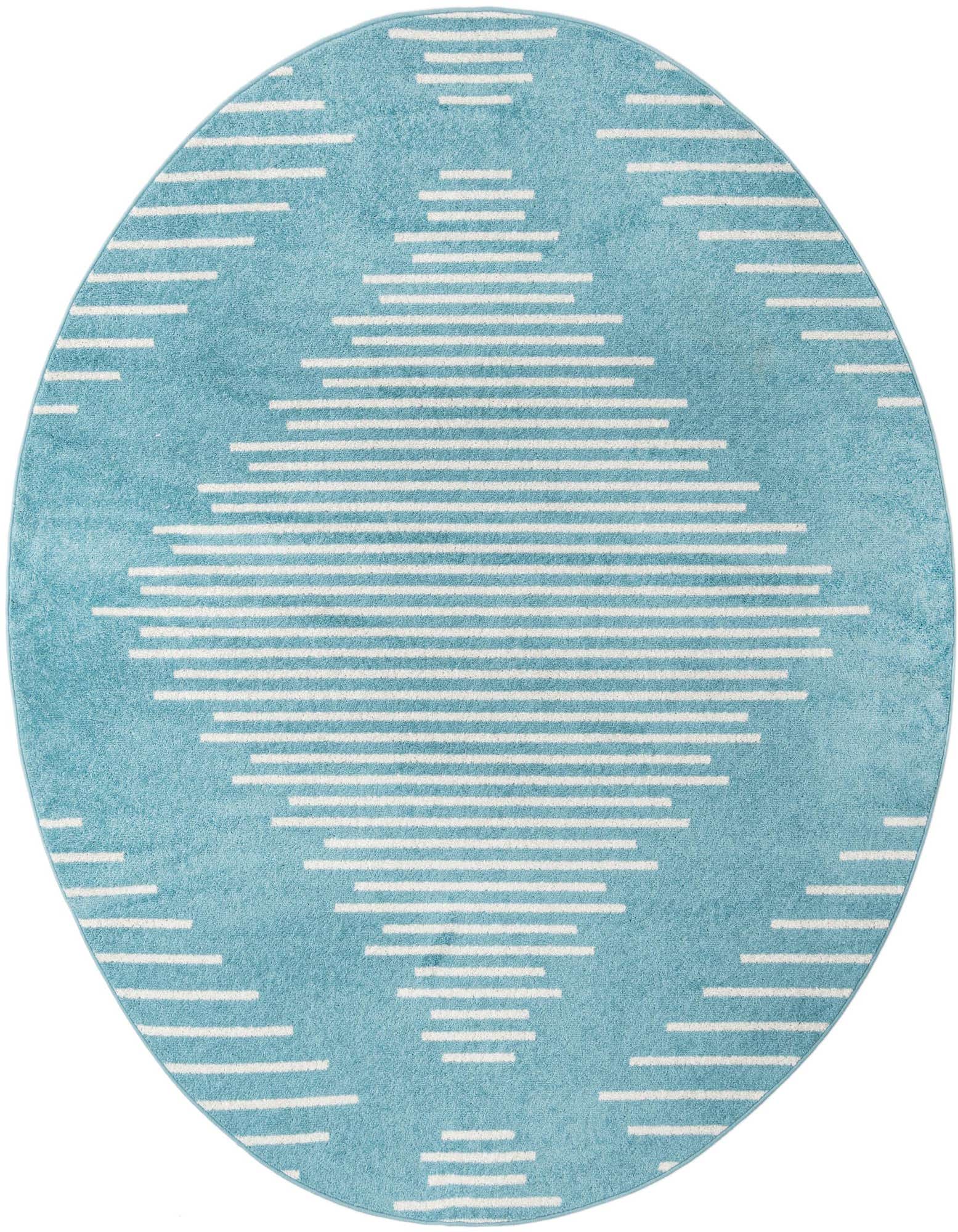 A light blue round rug with a modern geometric stripe pattern in white, ideal for a living room or bedroom.