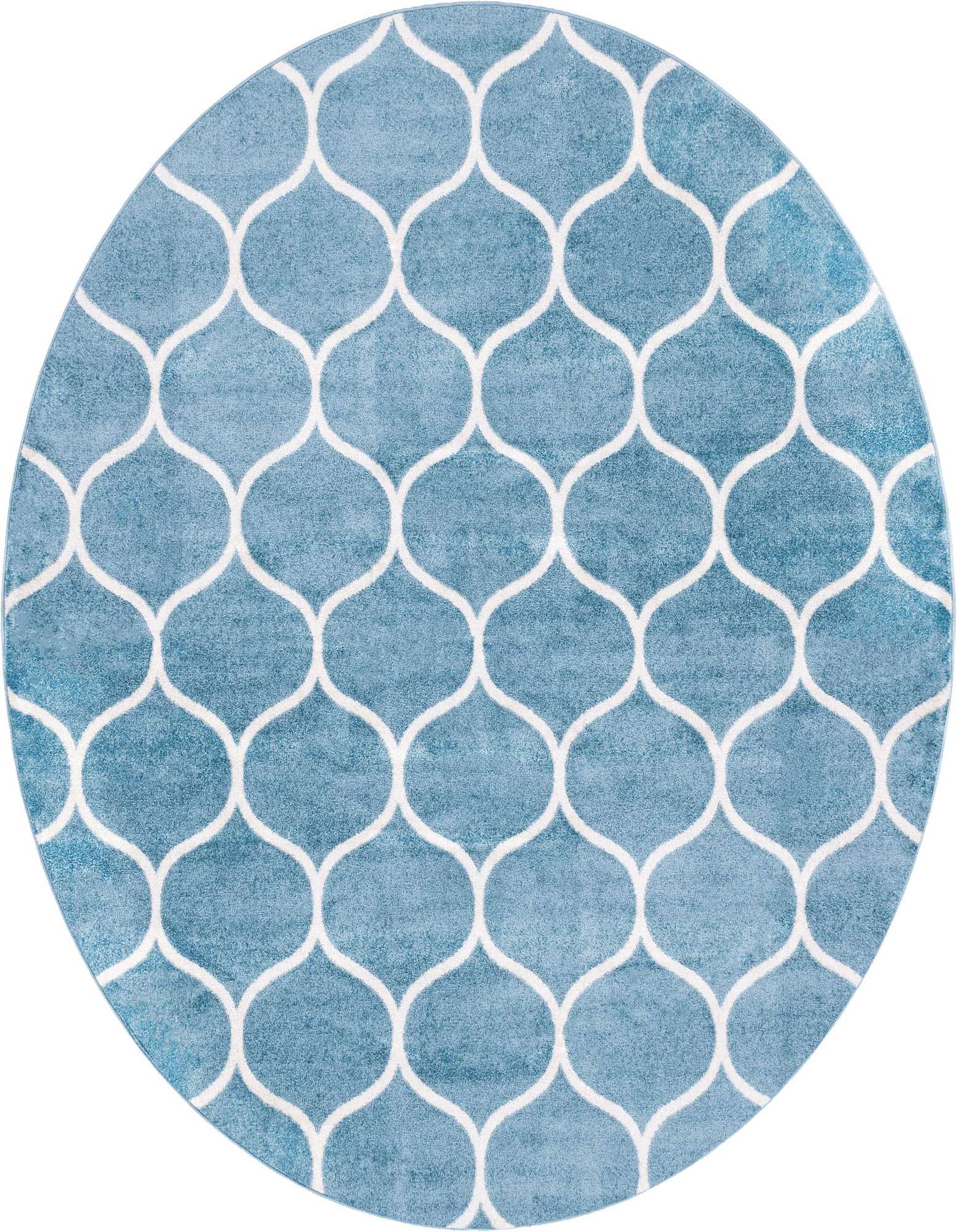 A 4' 0 x 4' 0 round light blue rug with a white modern trellis pattern, suitable for indoor spaces.