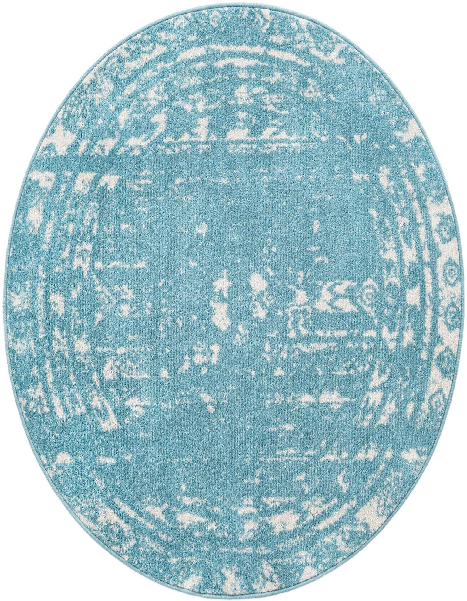 A 4' round light blue rug with a distressed white Southwestern pattern, suitable for a child's room.