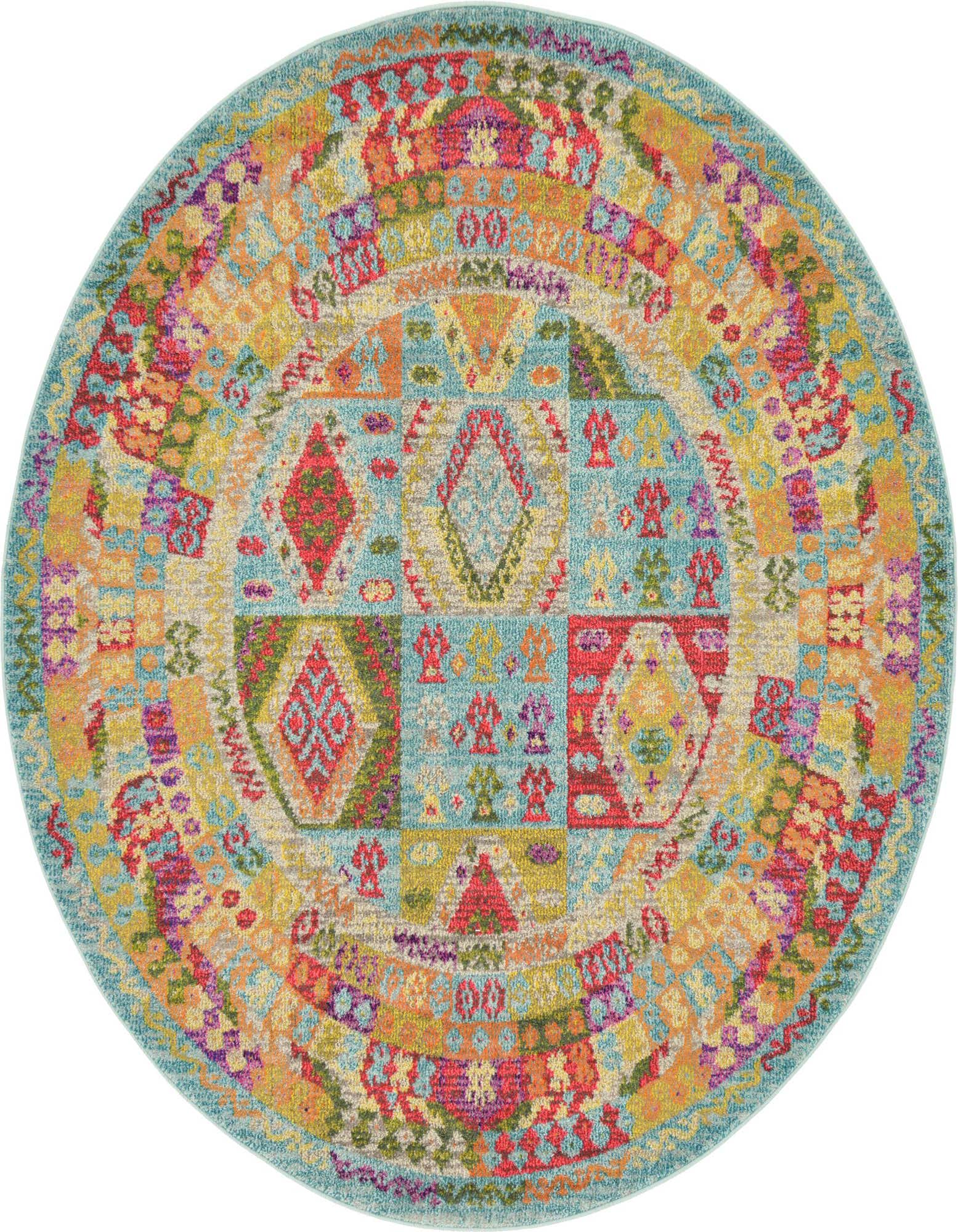A vibrant round rug with a light blue center and a colorful bohemian, Southwestern pattern, featuring diamonds and tribal motifs.