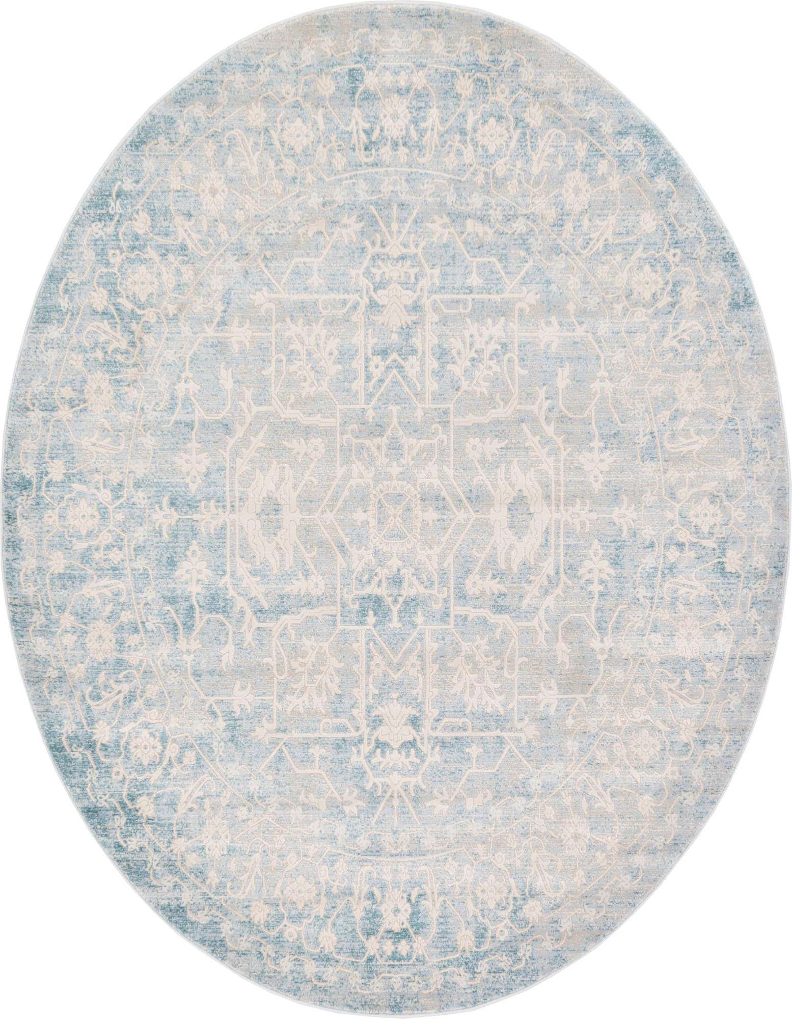 A round 6' 0 x 6' 0 light blue rug featuring an intricate off-white medallion and botanical pattern, perfect for an indoor living space.