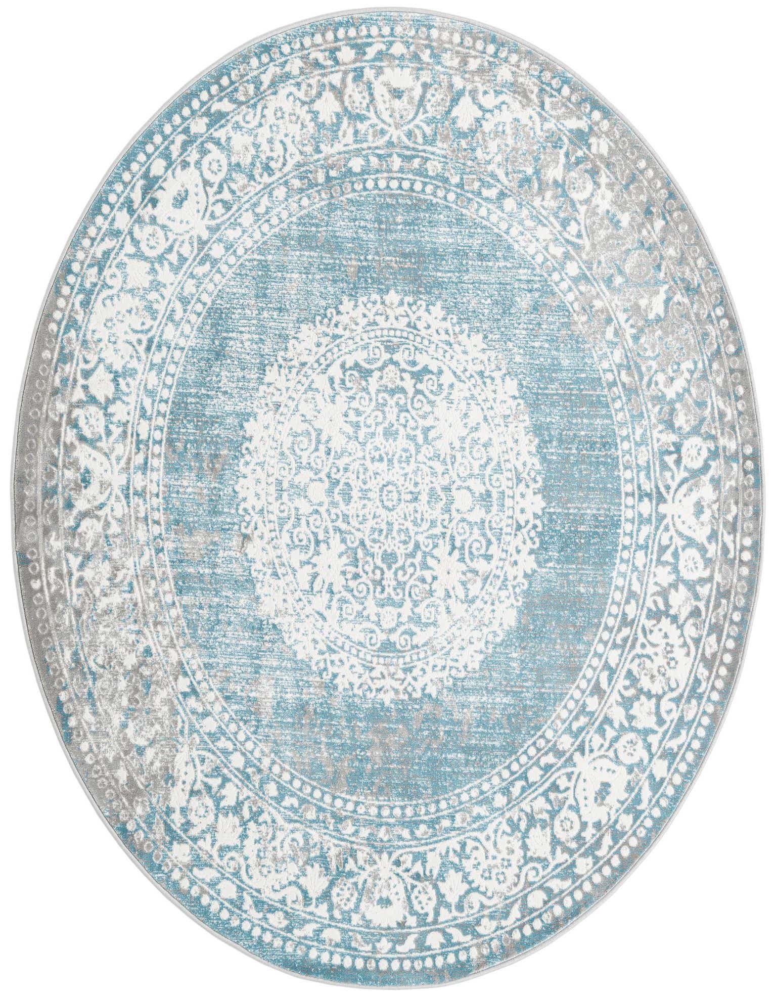 A 6' round light blue and white medallion rug with a distressed traditional pattern, ideal for an indoor living space.