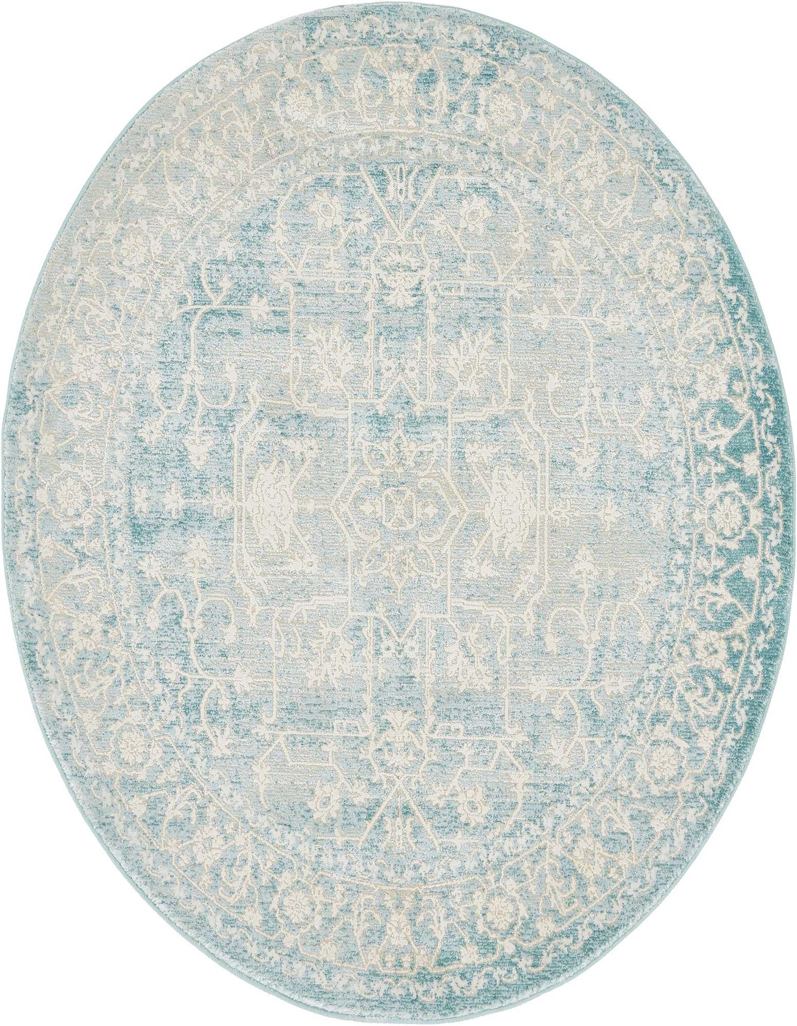 A 4' round light blue area rug with an intricate off-white medallion and botanical pattern, featuring a textured, high pile.