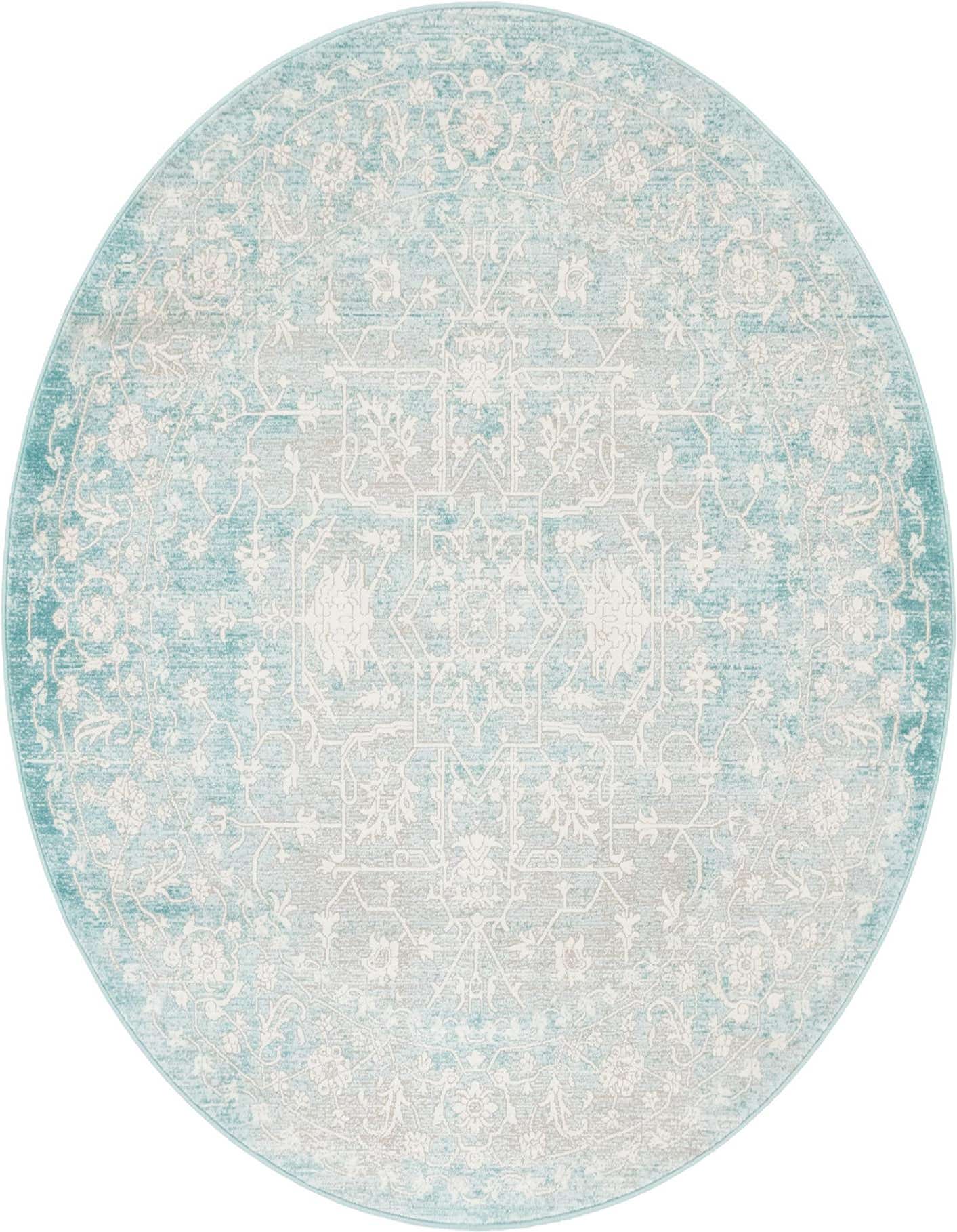 A 5' 0 round light blue and white medallion area rug with an eclectic botanical pattern.