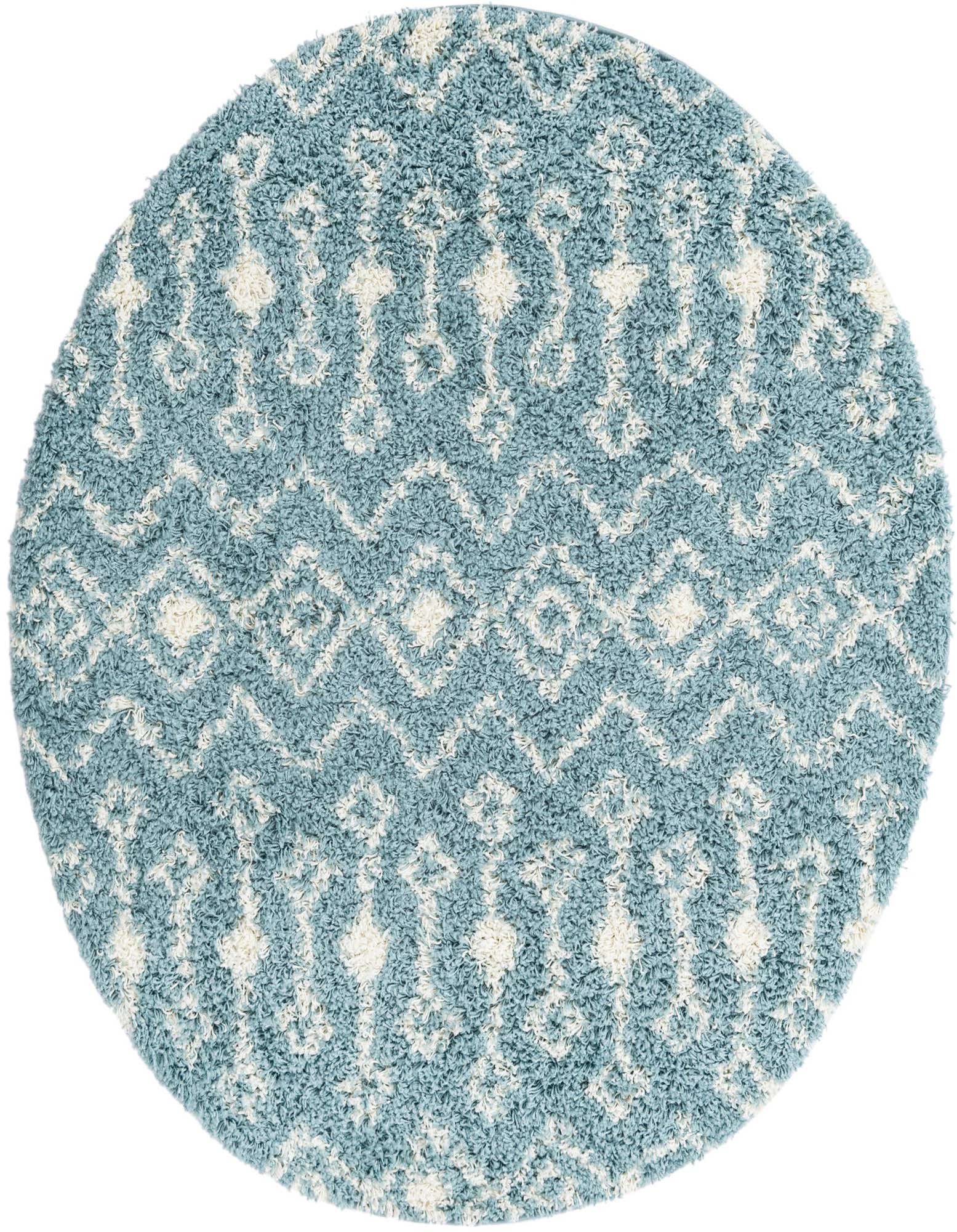 A round 5' 3 x 5' 3 light blue shag rug with a white tribal geometric pattern, suitable for a living room or bedroom.