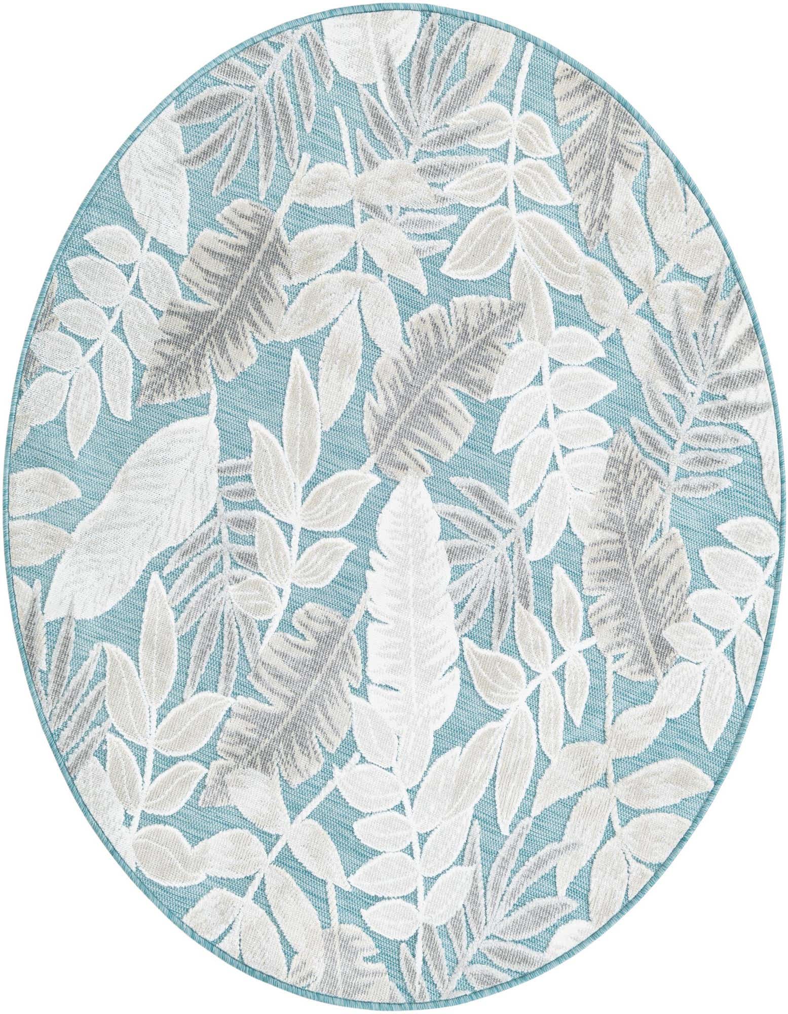 A round 4' 5 x 4' 5 light blue rug with a tropical leaf pattern in white and gray, suitable for indoor or outdoor use.