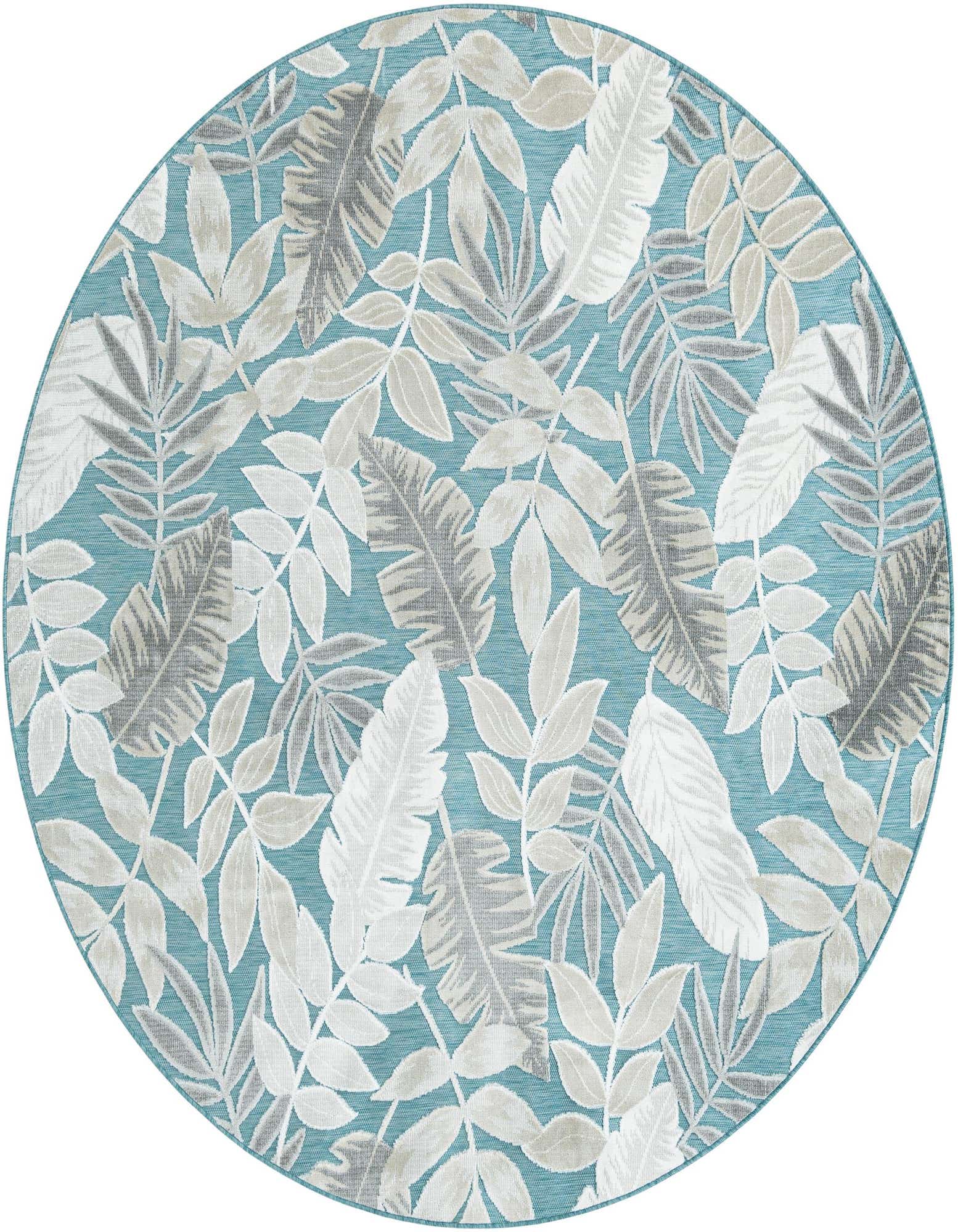 A round 8' 2 x 8' 2 light blue indoor/outdoor rug with a tropical leaf pattern in white, grey, and beige.