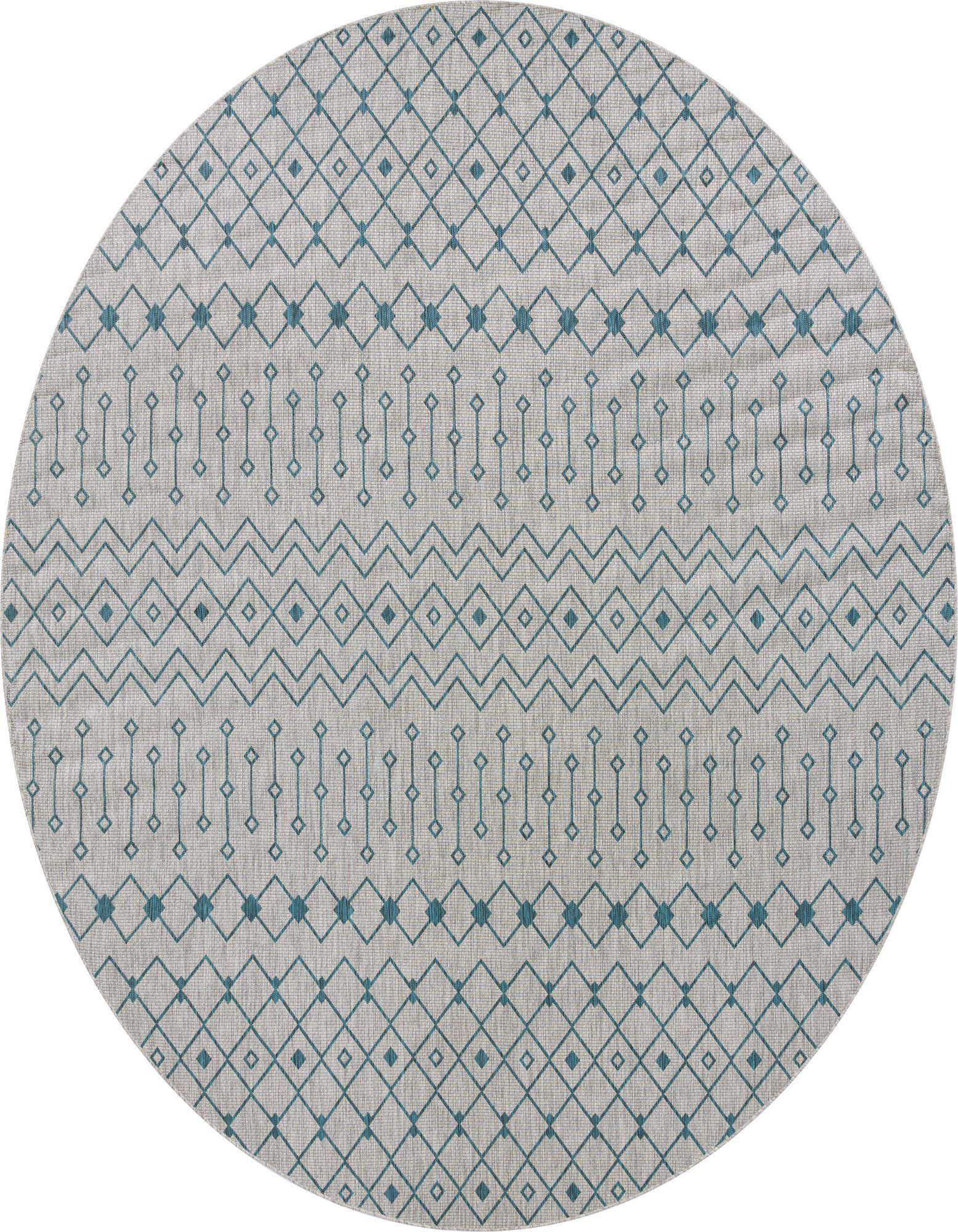 A large round light blue and grey tribal patterned rug with geometric diamond and chevron designs, suitable for indoor or outdoor use.