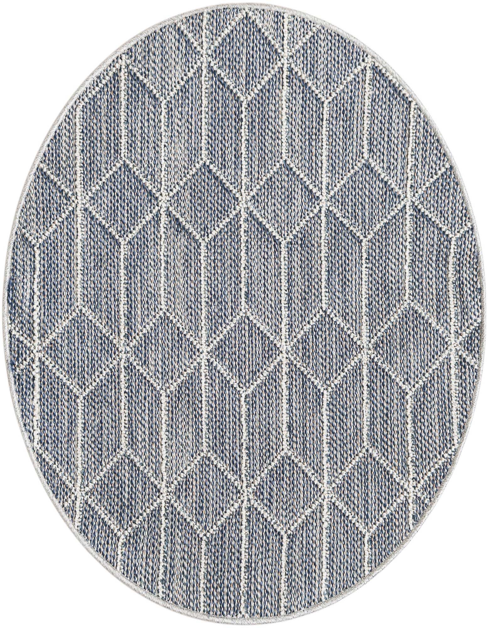 A 3' 1 x 3' 1 round indoor/outdoor rug with a modern blue and white trellis pattern.