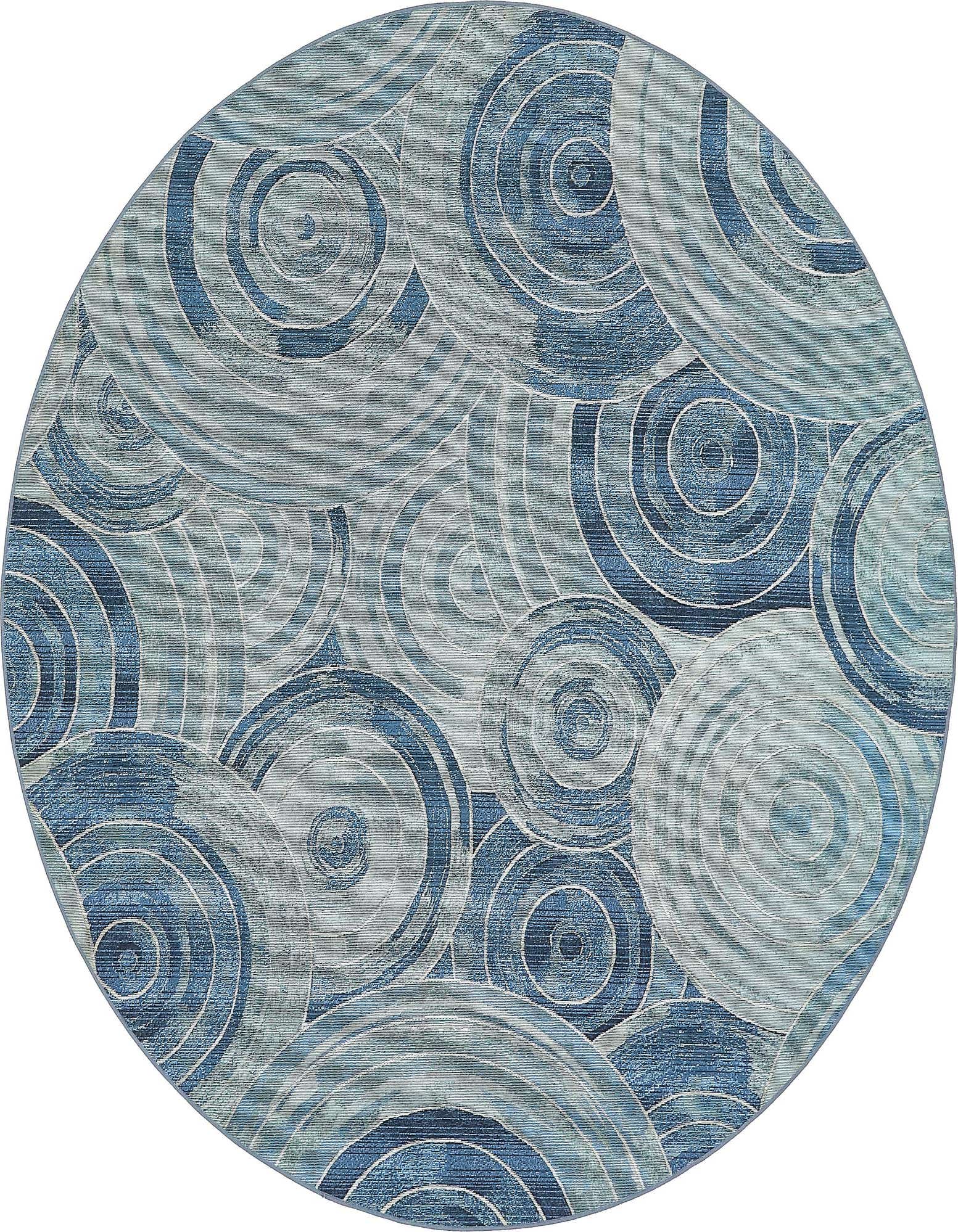 A round 8' light blue and navy rug with an abstract concentric circle pattern, suitable for indoor or outdoor use.