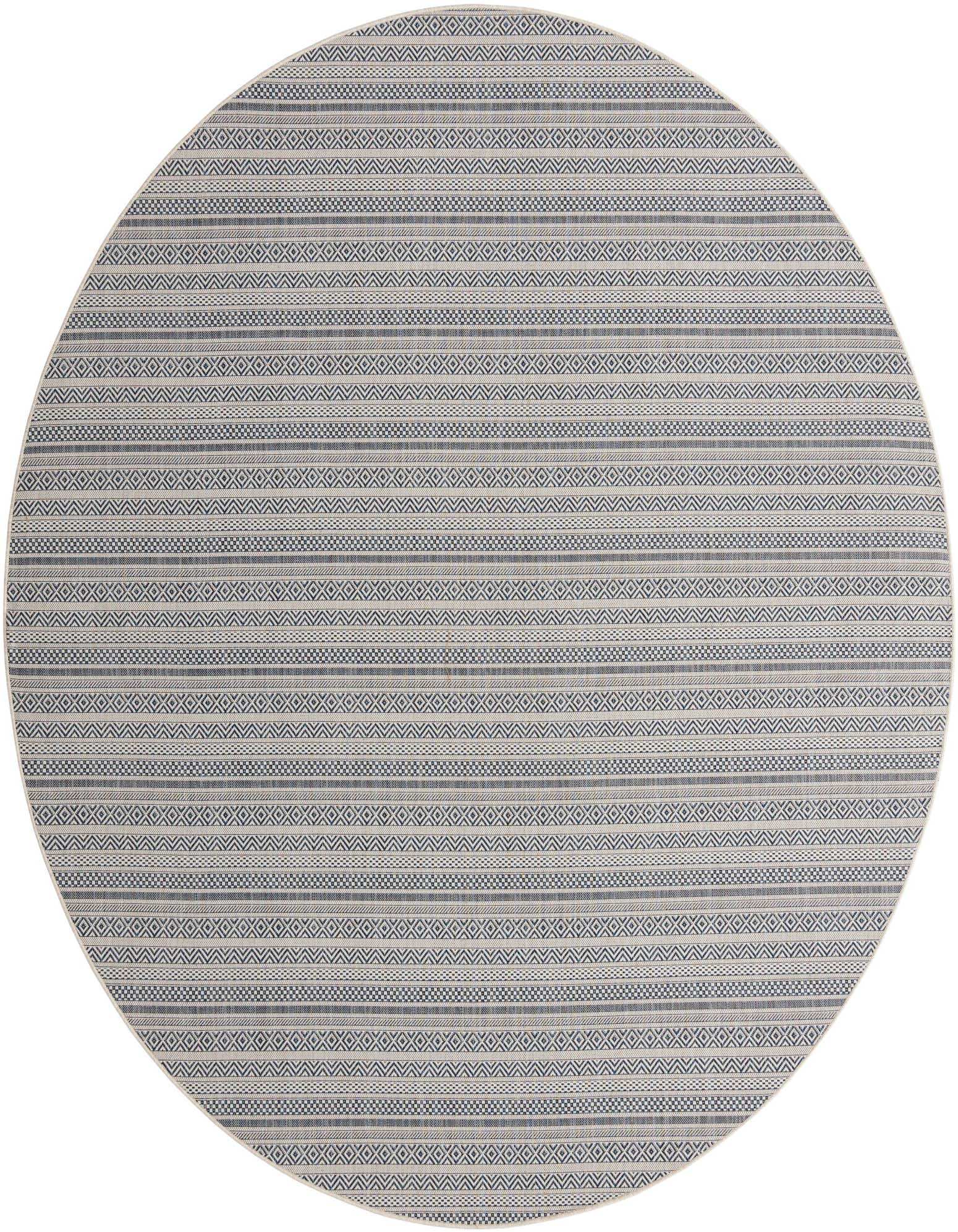 A 10-foot round indoor/outdoor rug with a tribal and modern striped pattern in various shades of blue and off-white.