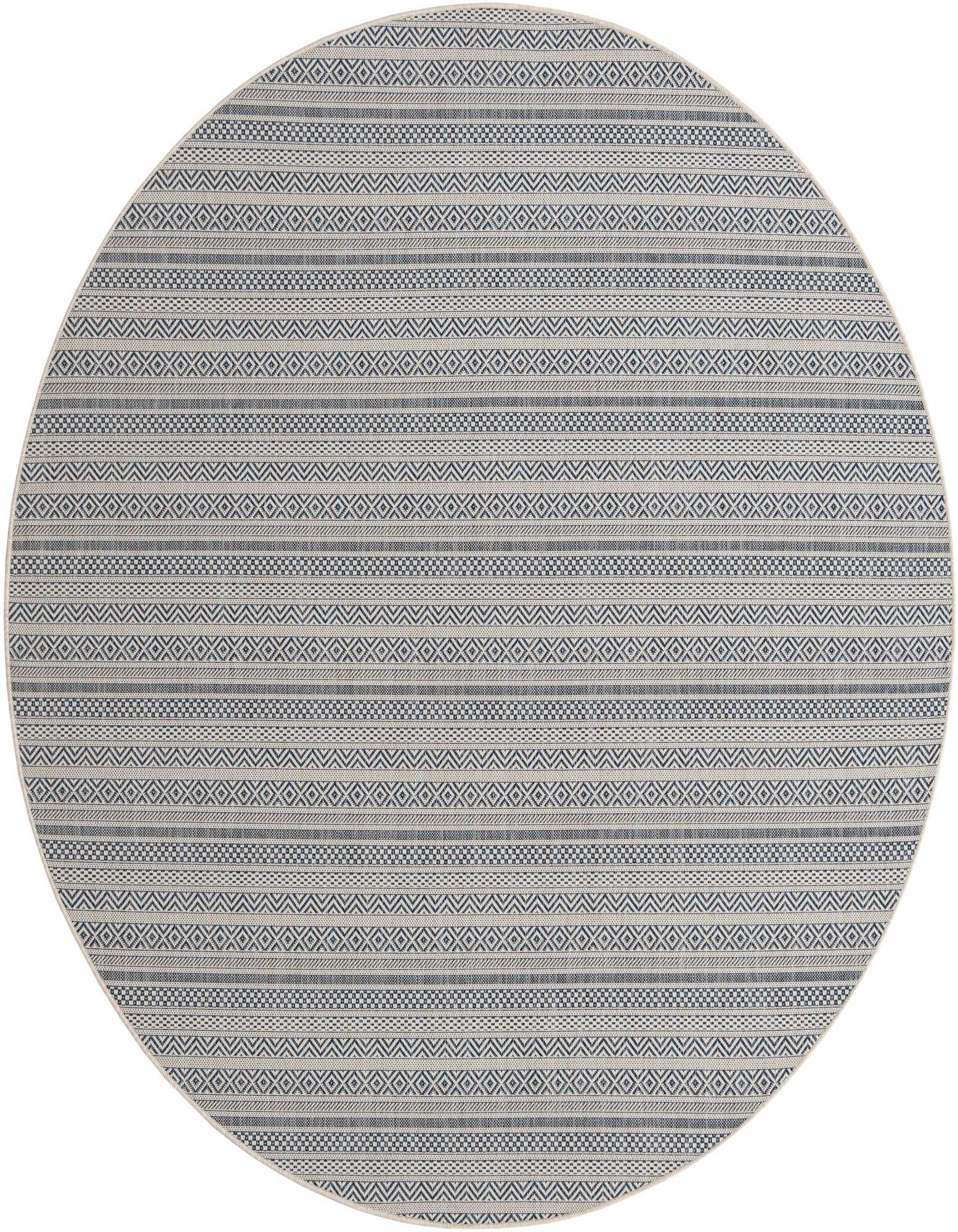 A round 7' 10 x 7' 10 indoor/outdoor rug featuring light blue and off-white tribal and geometric patterns.
